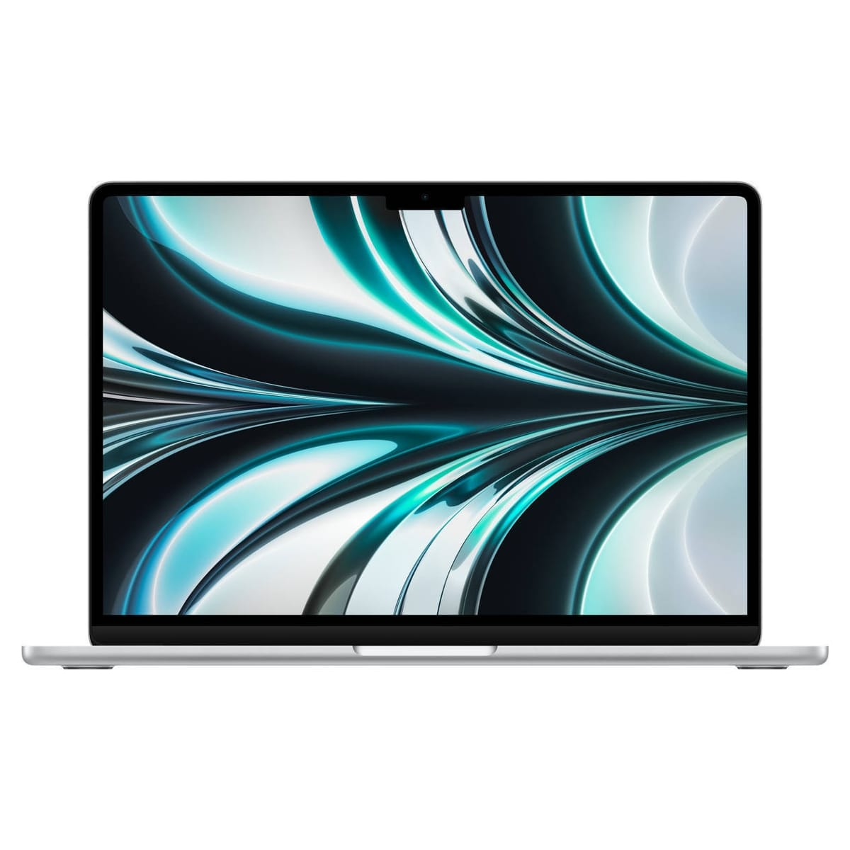 Ein silberner Laptop mit hellem Bildschirm, der ein blaues und türkisfarbenes abstraktes Design zeigt, auf weißem Hintergrund.