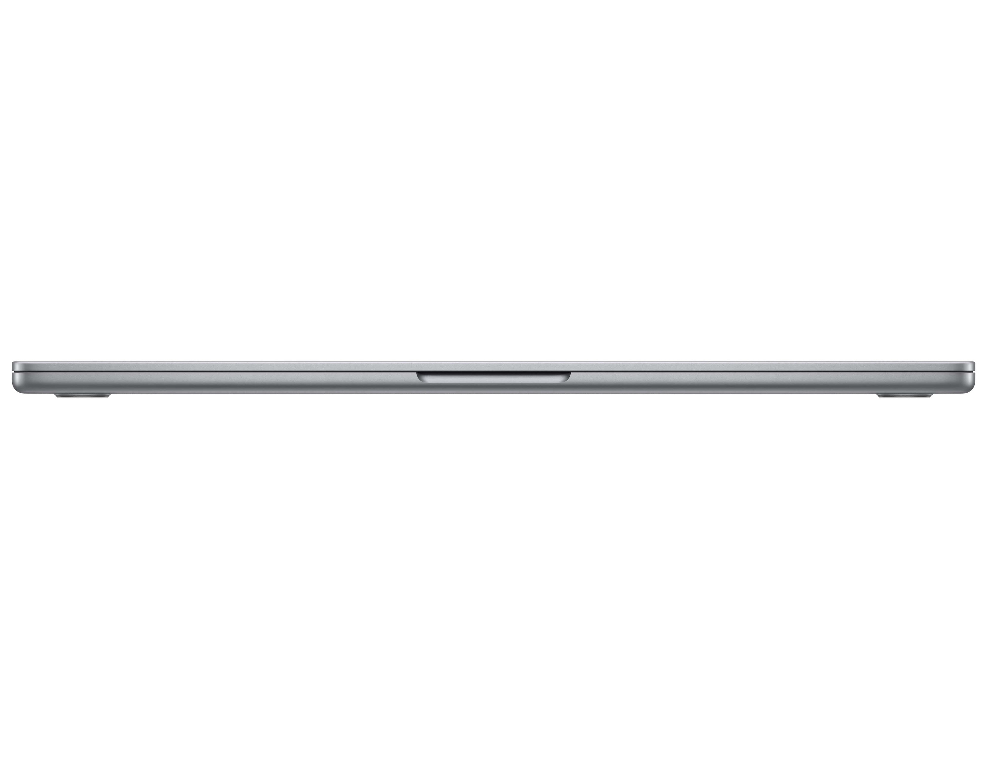 Seitenansicht eines geschlossenen Laptops. Der Laptop ist grau und auf weißem Hintergrund platziert.
