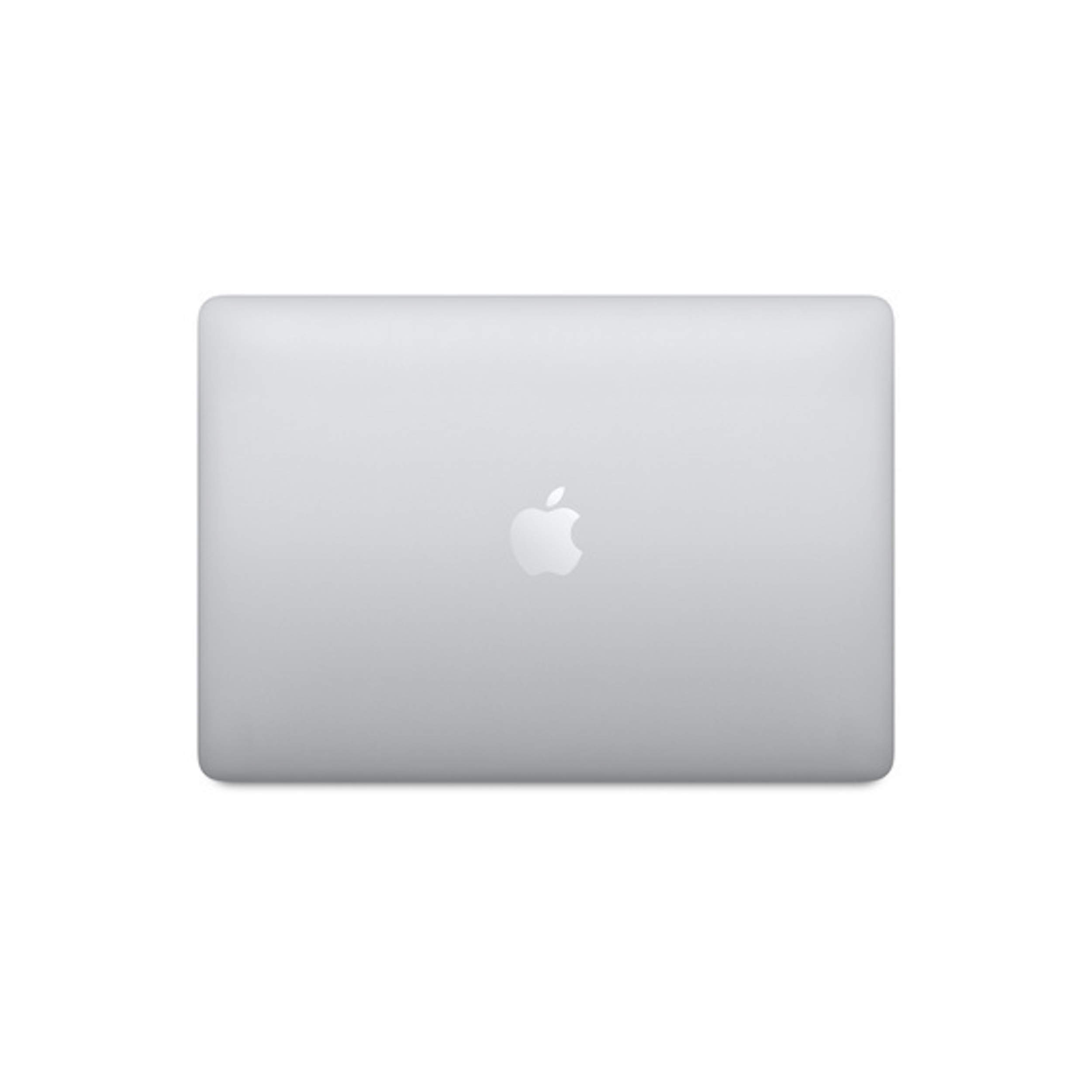 Ordinateur portable Apple argenté vu de dessus, montrant le logo Apple sur fond blanc.
