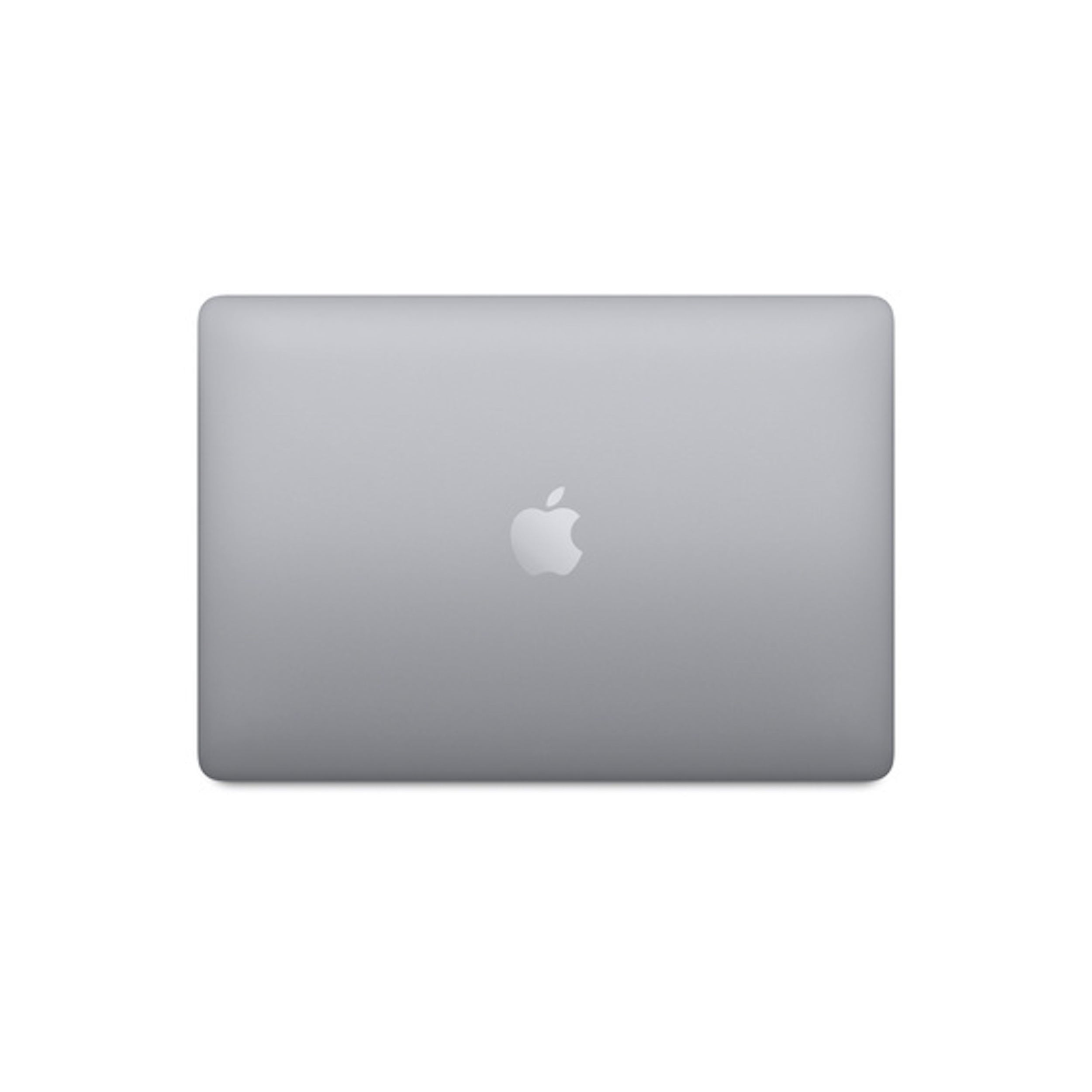 Srebrny laptop z logo Apple na białym tle, widok z góry.