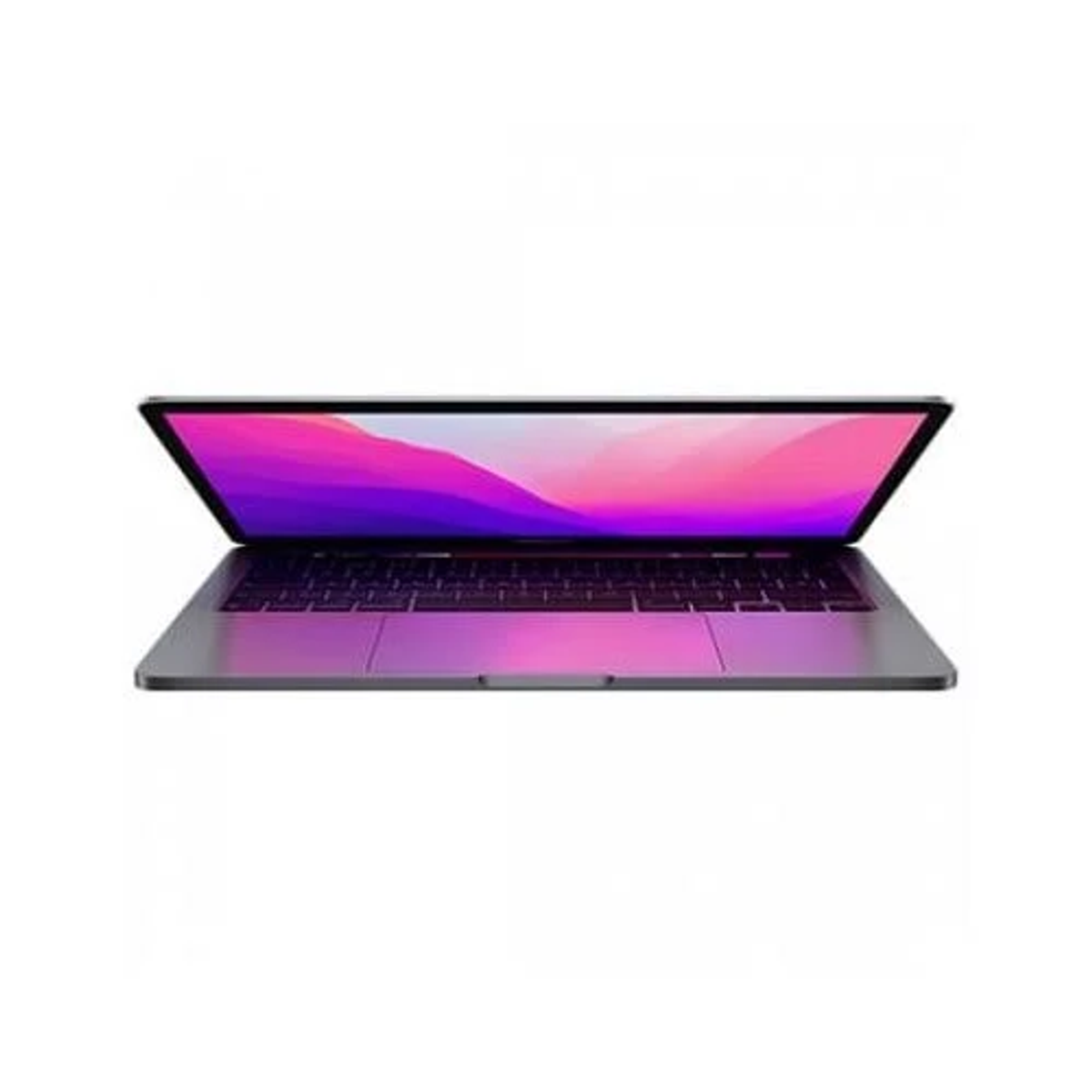 Un laptop con schermo luminoso che mostra una sfumatura viola e rosa, aperto su una superficie bianca.