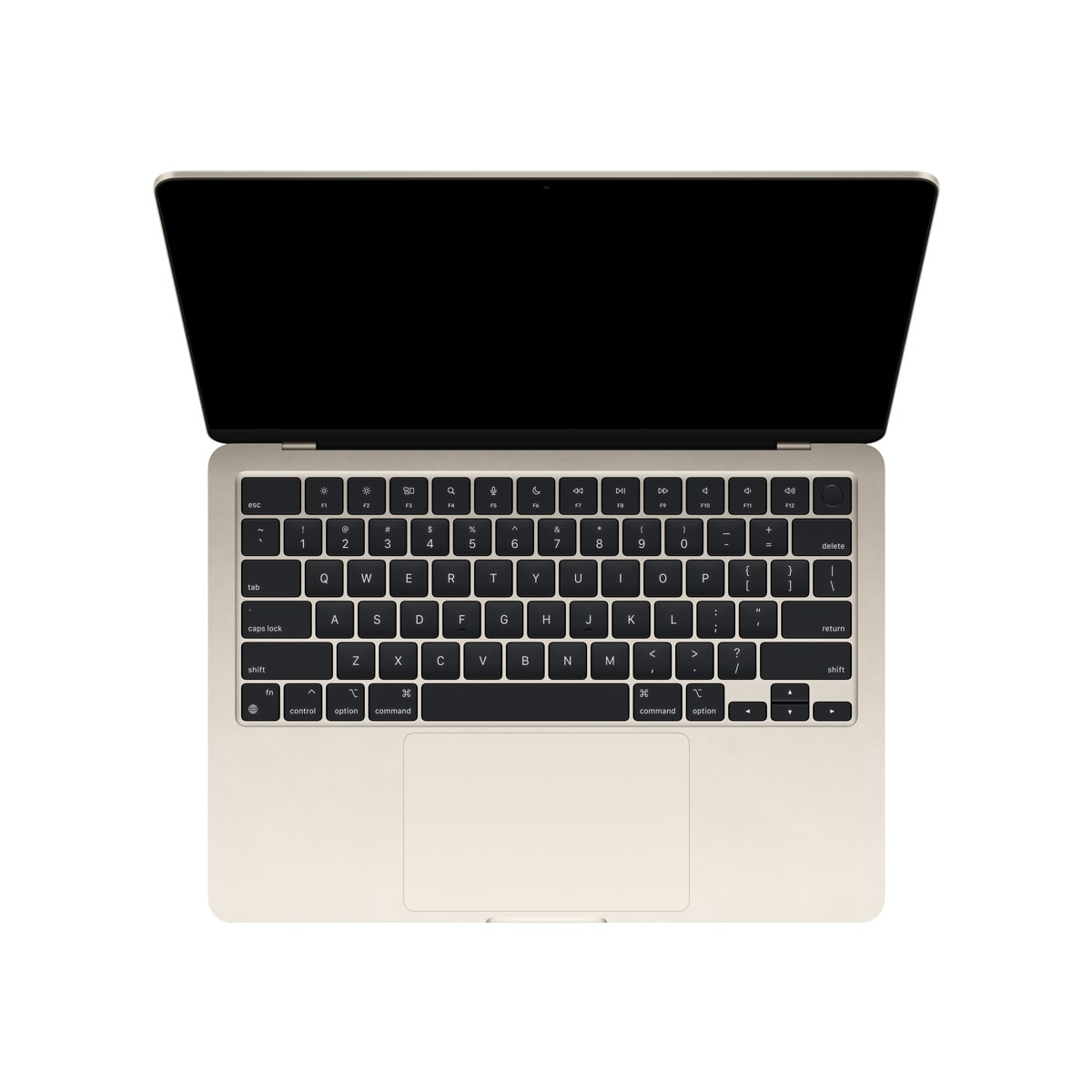 Ein Laptop, geöffnet, von oben betrachtet, mit schwarzem Bildschirm und Tastatur.