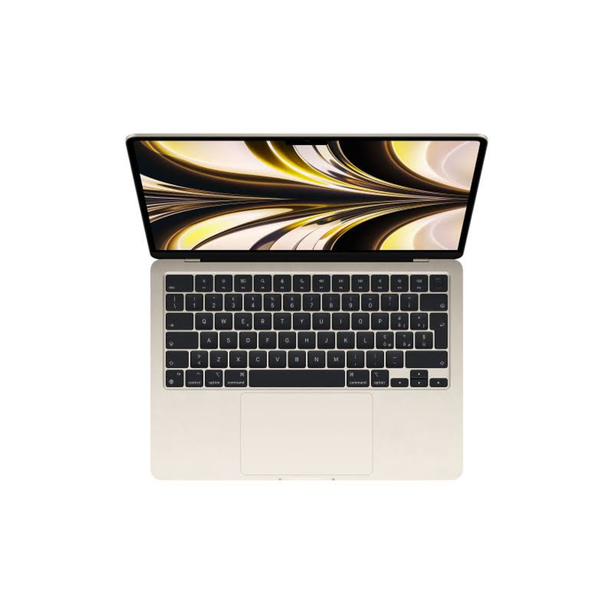 Un laptop su sfondo bianco. Lo schermo è aperto, mostrando un design oro e giallo.