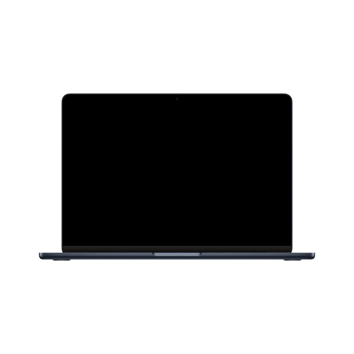 Un portátil negro con pantalla negra sobre fondo blanco.