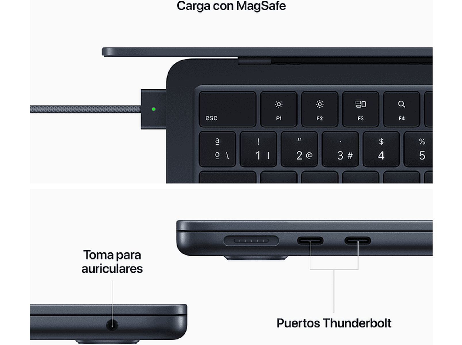 Primer plano del teclado de un portátil negro con puerto de carga. Vistas superior y lateral.