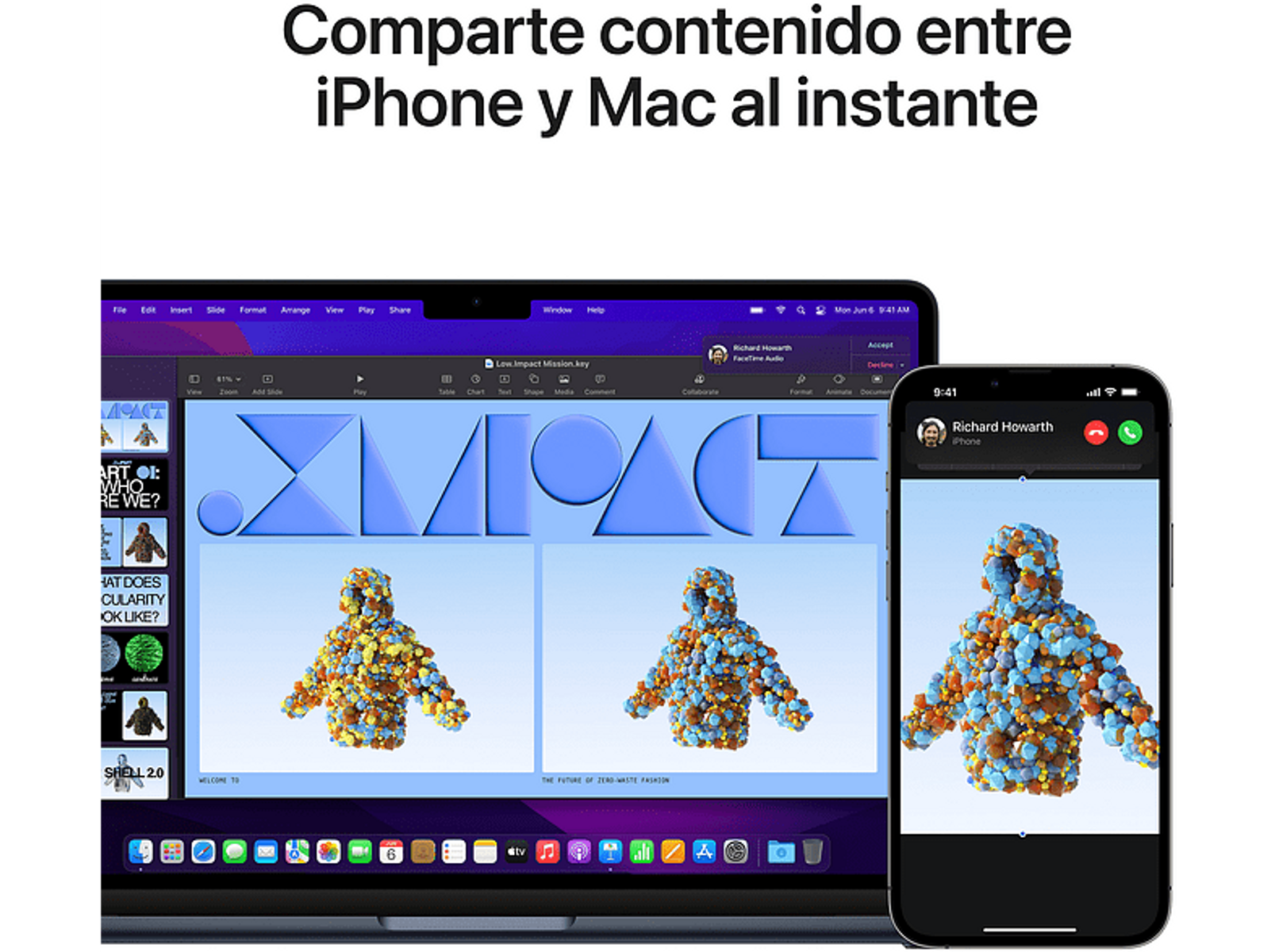 Un MacBook y un iPhone comparten contenido. La pantalla del MacBook y el iPhone muestran una presentación.