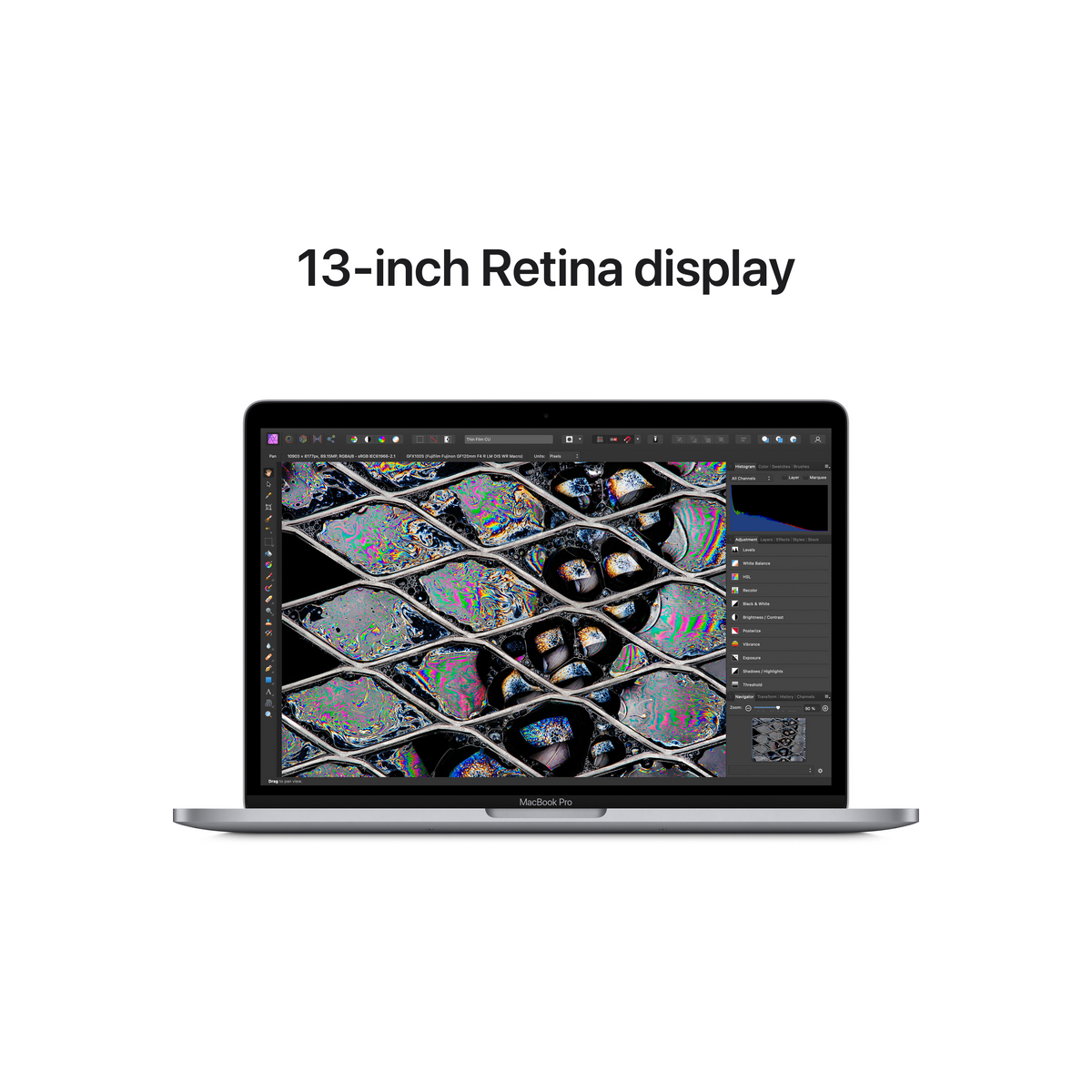 Laptop with a screen showing a colorful image. Text overlay reads: 13-inch Retina display.