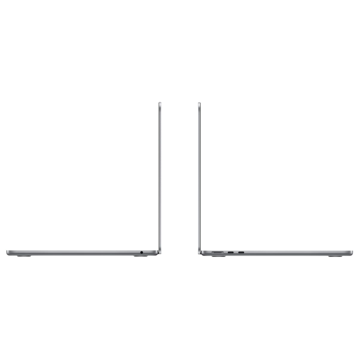 Dwa szare laptopy obok siebie na białym tle, widok z boku.