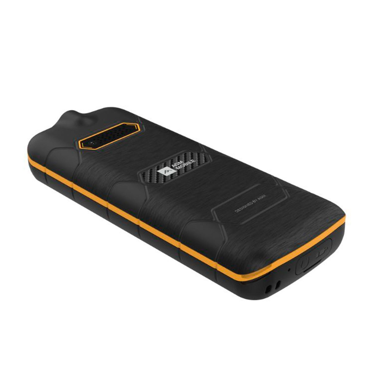 Un smartphone robusto negro y naranja con una parte trasera texturizada.
