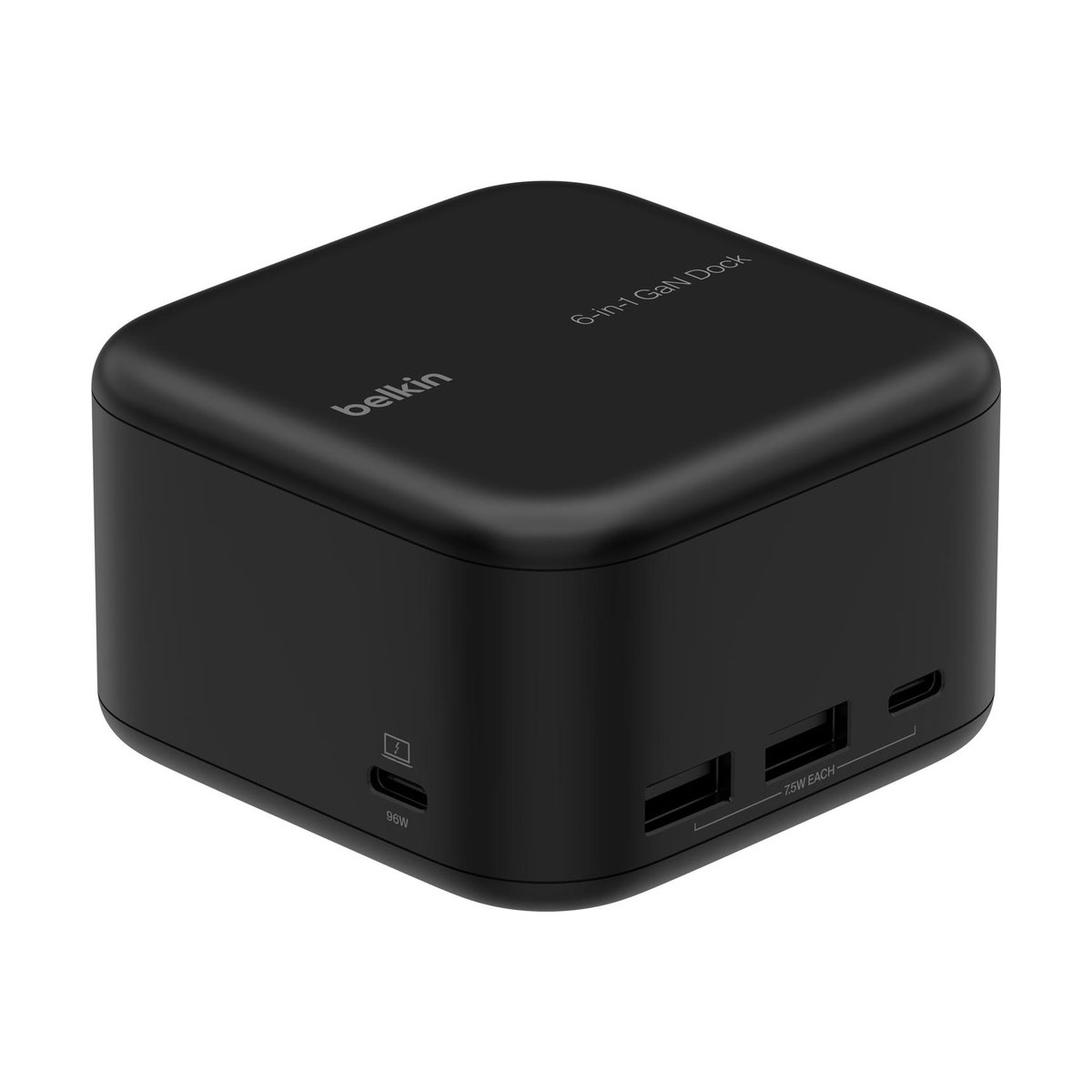 Dock GaN 6 in 1 nero con più porte. Ha una forma quadrata e un logo Belkin.