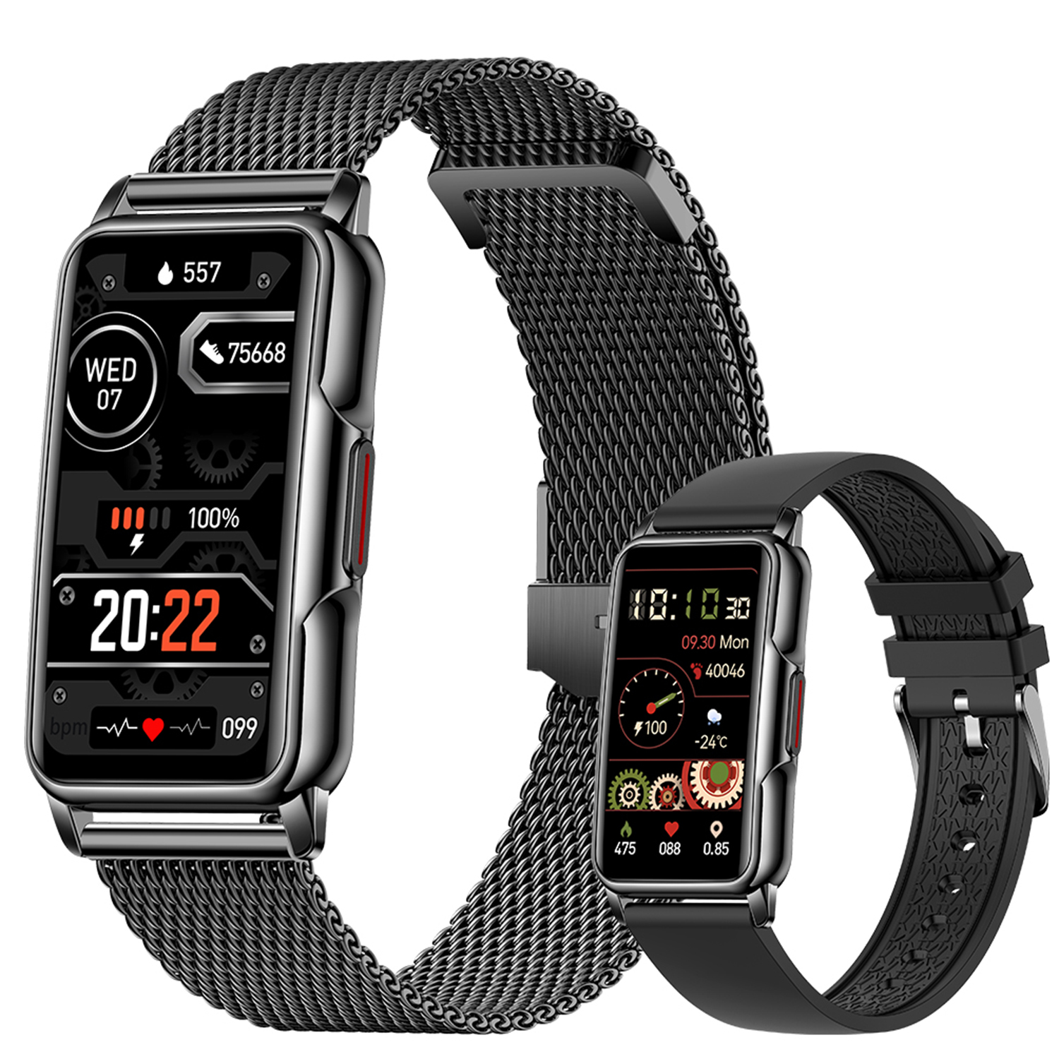 Zwei Smartwatches, eine mit Metallband und eine mit schwarzem Band.