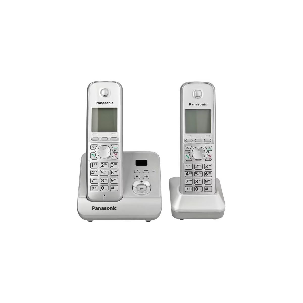 Zwei schnurlose Panasonic-Telefone auf weißen Basen. Eines mit Ladestation. Beide Telefone haben Tasten.
