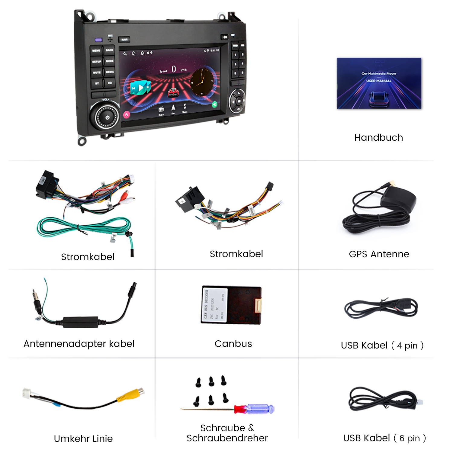 Auto-Multimedia-Player und seine Teile. Enthält Kabel, Antenne und einen Canbus.