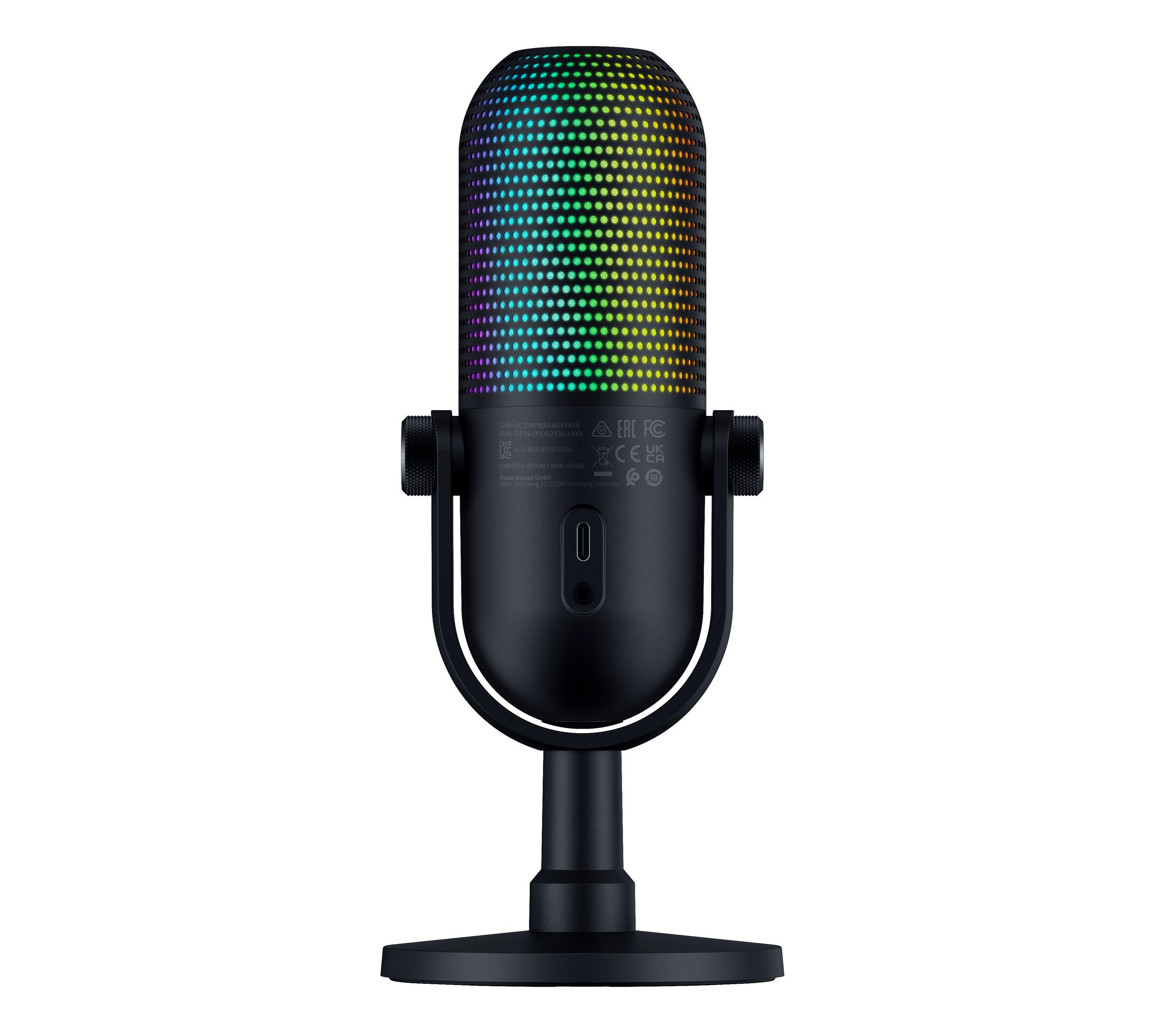 Czarny mikrofon z kolorowymi światłami. Ma statyw, na białym tle.