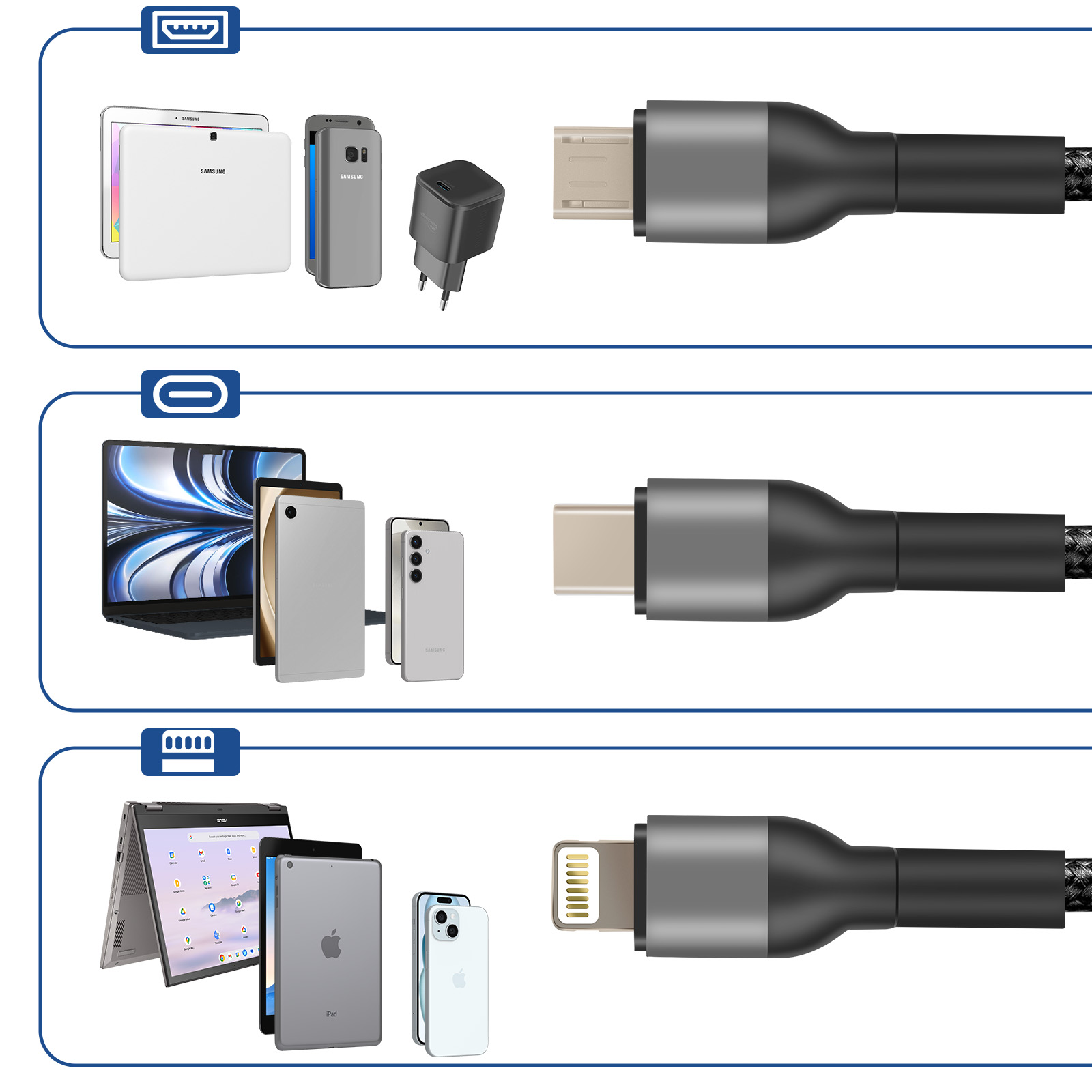 Drei Kabelbeispiele mit verschiedenen Anschlüssen: USB-C, USB und Lightning, und Geräte.
