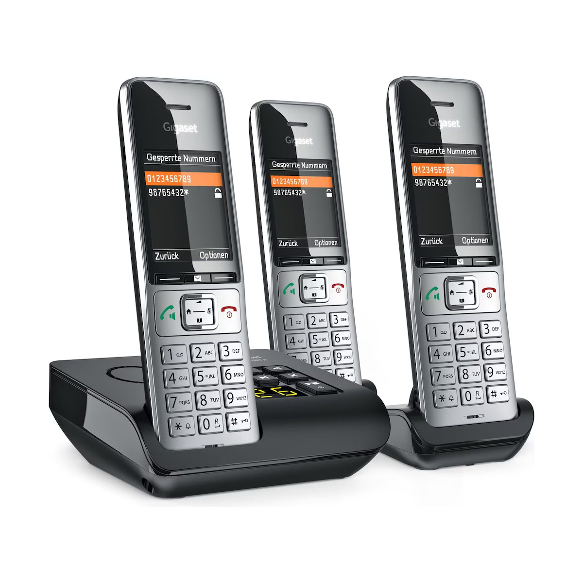 Trzy srebrno-czarne telefony stacjonarne na czarnej podstawie, z wyświetlaczem pokazującym numery.