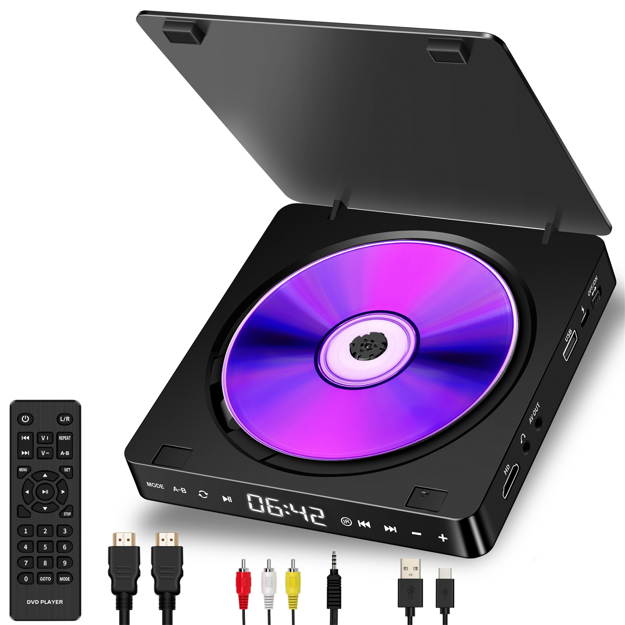 Ein schwarzer tragbarer DVD-Player mit eingelegter Disc und Fernbedienung.