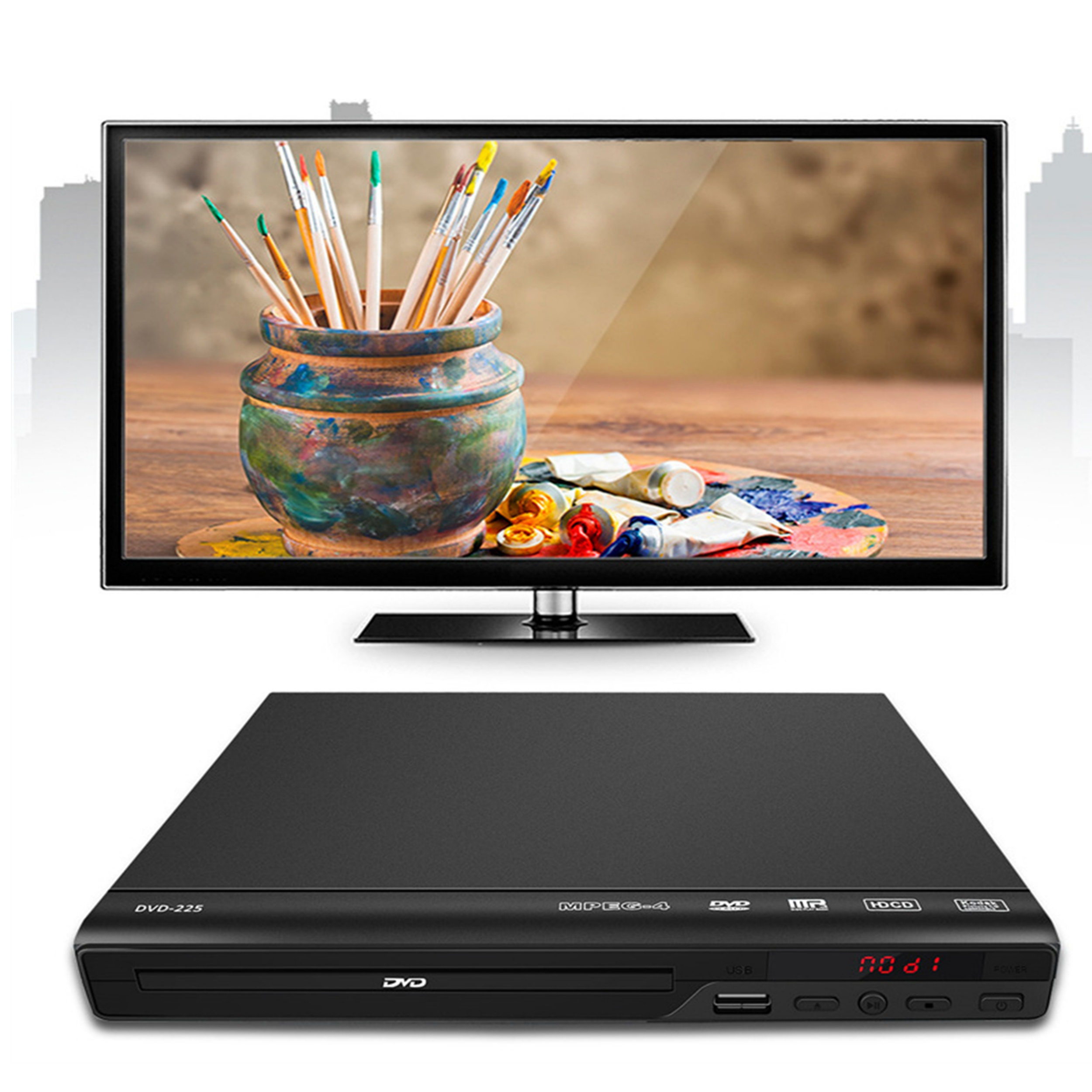 TV-Bildschirm mit Pinseln in einem Glas. Darunter ein DVD-Player.