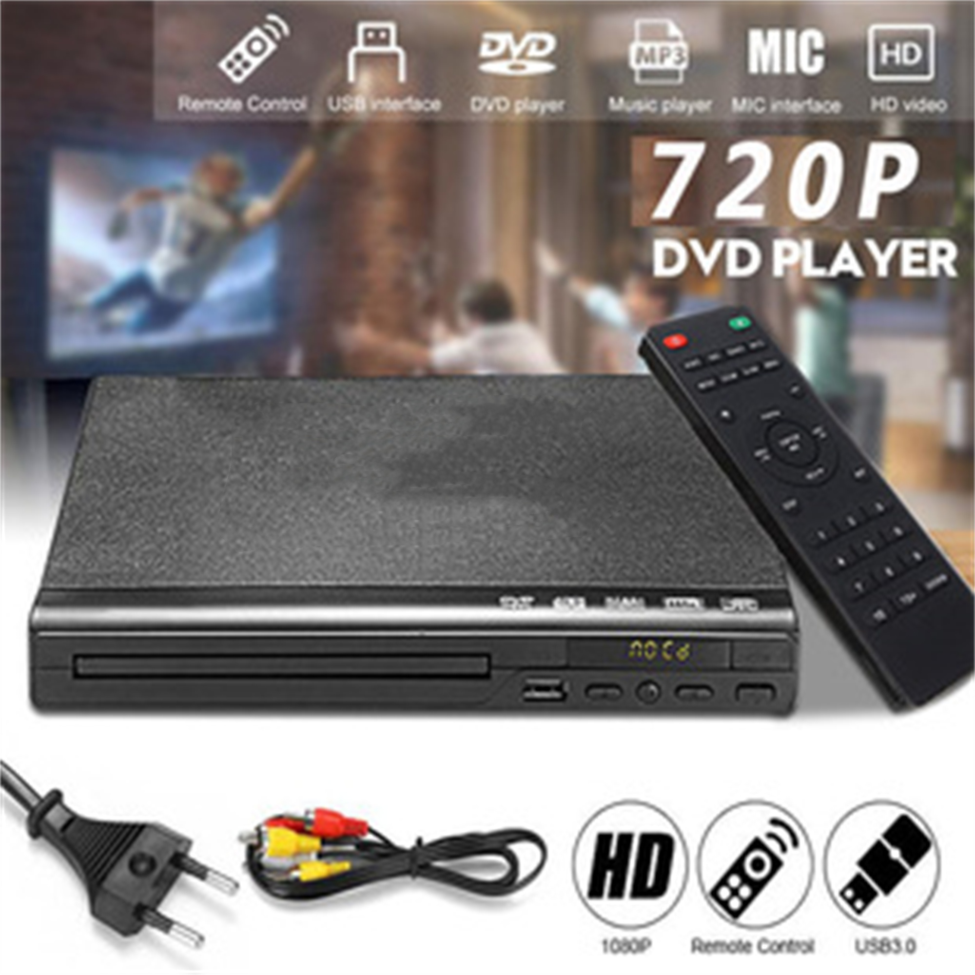 Schwarzer DVD-Player mit Fernbedienung, Kabeln und Logos für HD, Fernbedienung und USB 3.0.