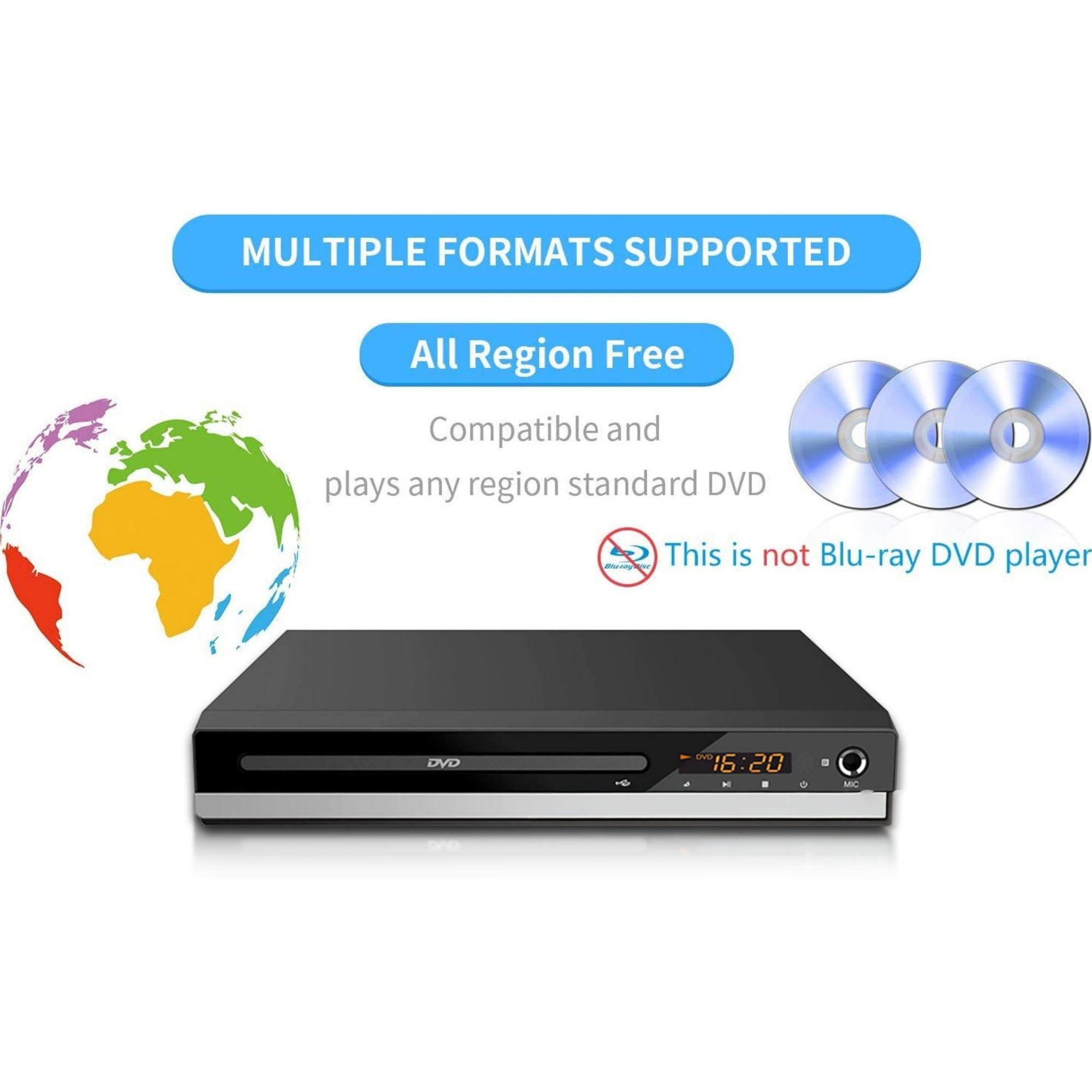 Ein schwarzer DVD-Player mit Digitalanzeige. Text lautet: 'Mehrere Formate unterstützt' und 'Alle Regionen frei'.