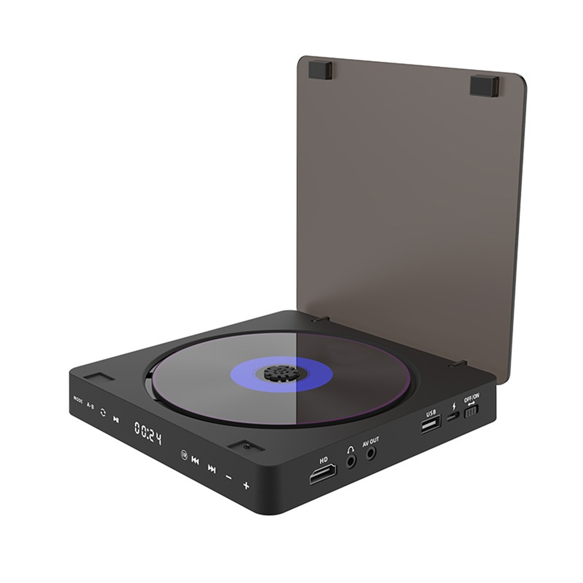 Schwarzer tragbarer CD-Player mit eingelegter Disc. Das Display zeigt die Zeit.