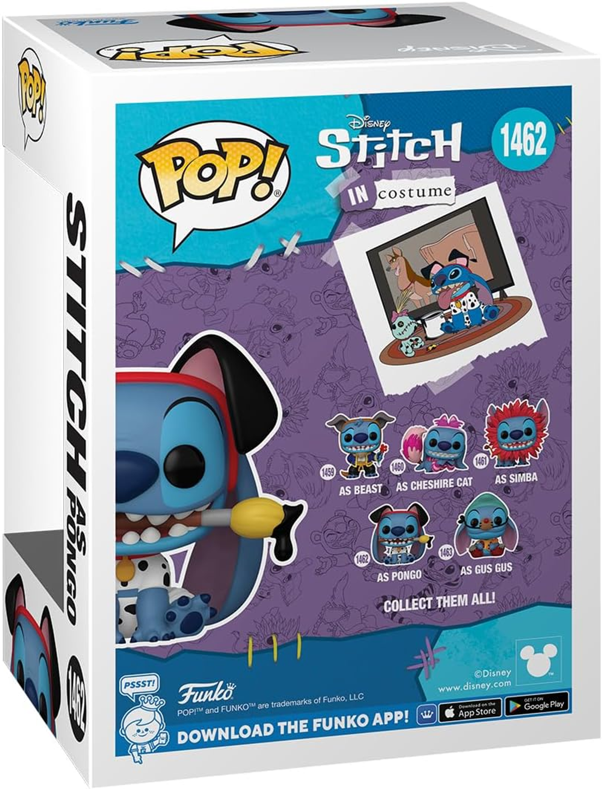 Funko Pop Box, Stitch in Kostüm, mit Bildern von Stitch in verschiedenen Kostümen und Funko-Logo.