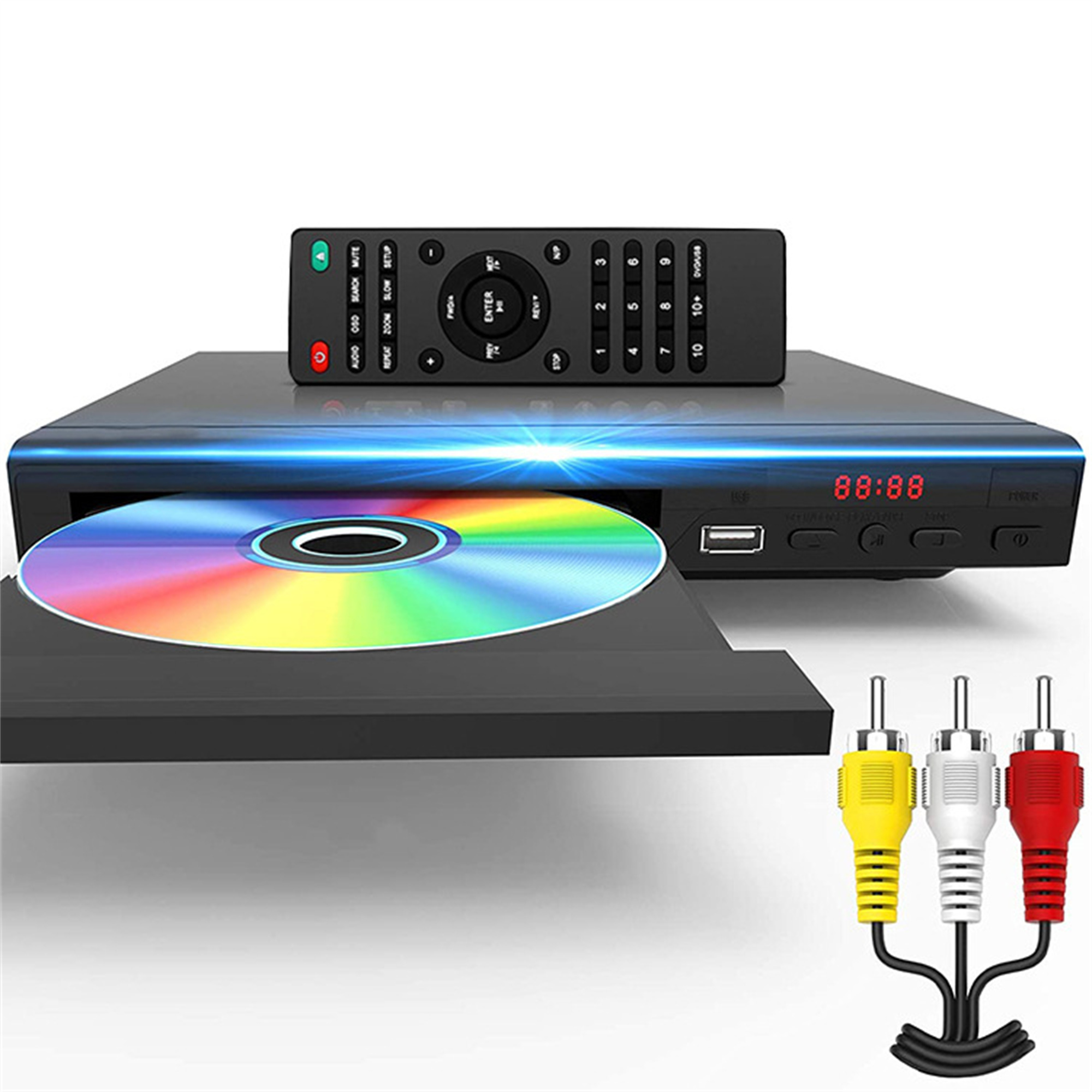 DVD-Player mit Disc im Fach, Fernbedienung und gelben, weißen, roten Kabeln.