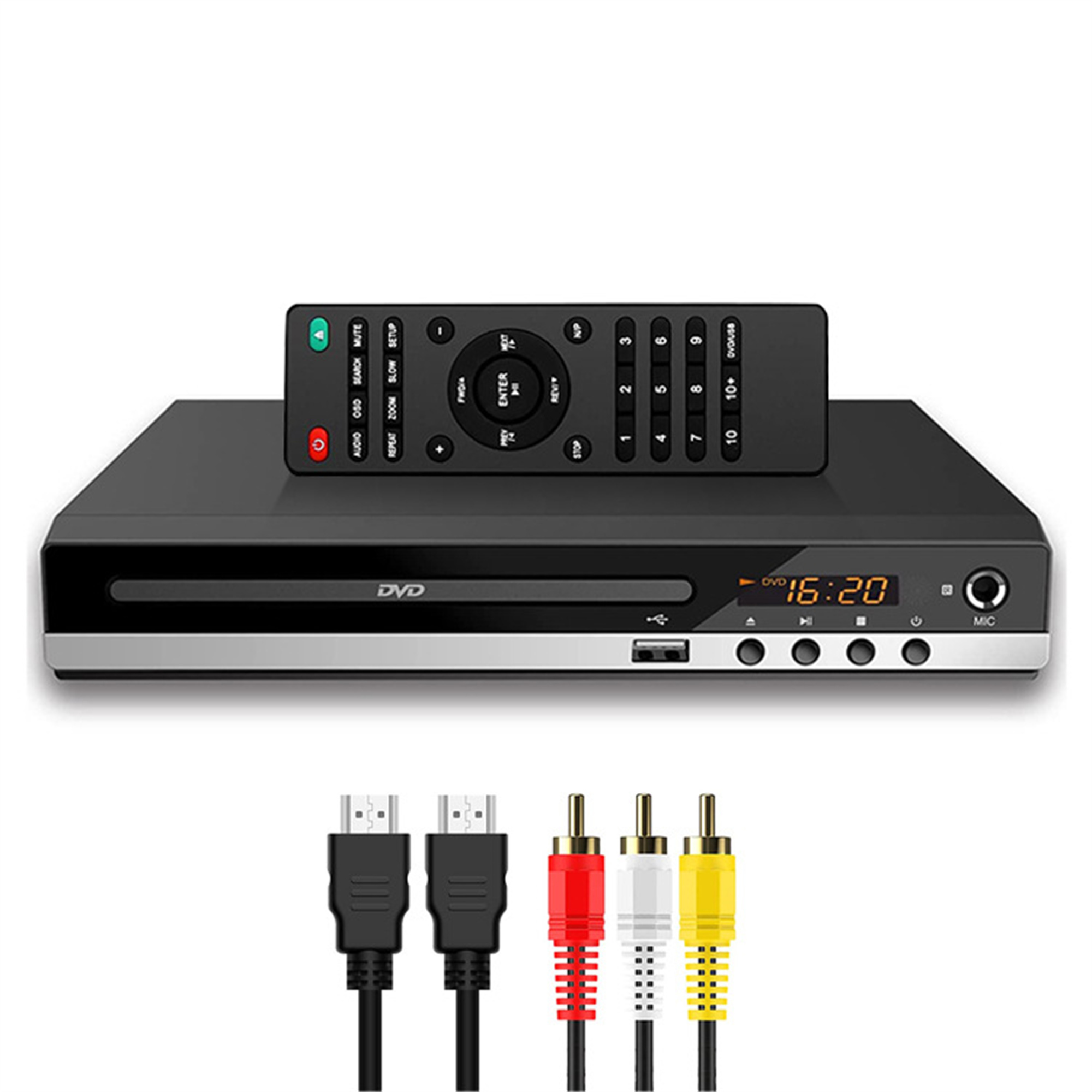 DVD-Player mit Fernbedienung und Kabeln. Der Player hat ein Display mit Uhrzeit und Tasten.