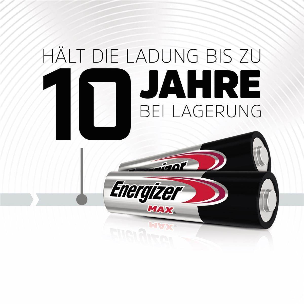 Baterie Energizer Max z tekstem wskazującym 10 lat przechowywania ładunku na białym tle.