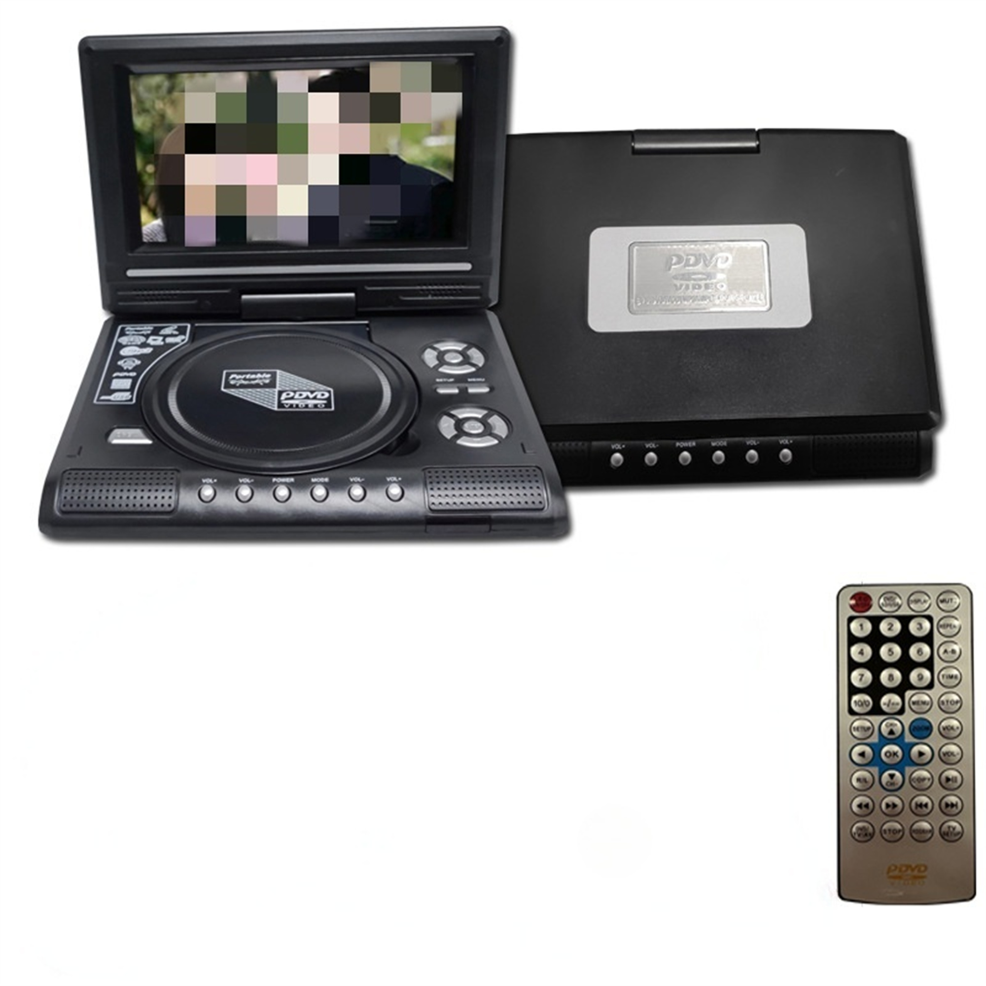 Tragbarer DVD-Player, offen und geschlossen, mit Fernbedienung, zeigt ein verschwommenes Bild.