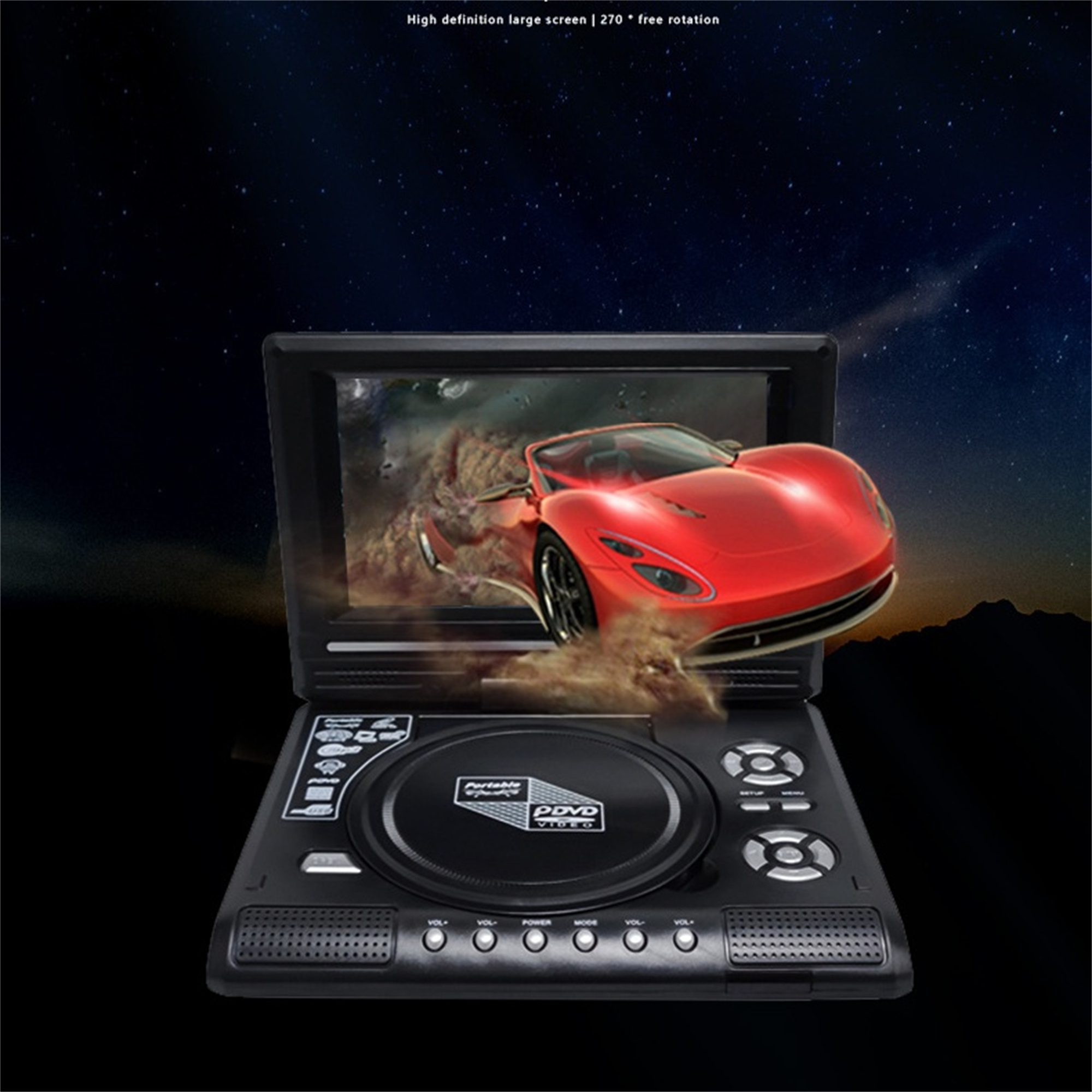 Tragbarer DVD-Player mit rotem Auto-Bildschirm. Dunkler Hintergrund.