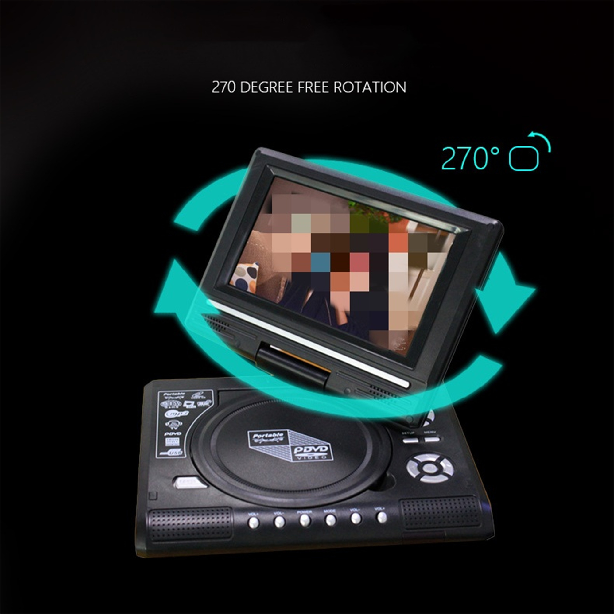 Schwarzer tragbarer DVD-Player mit Bildschirm, der ein verschwommenes Bild zeigt, umgeben von grünen Pfeilen, die eine 270-Grad-Drehung anzeigen.