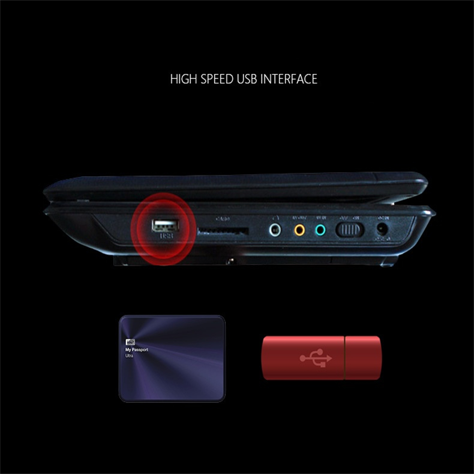 Schwarzer DVD-Player mit USB-Anschlüssen und einem roten USB-Stick auf schwarzem Hintergrund.