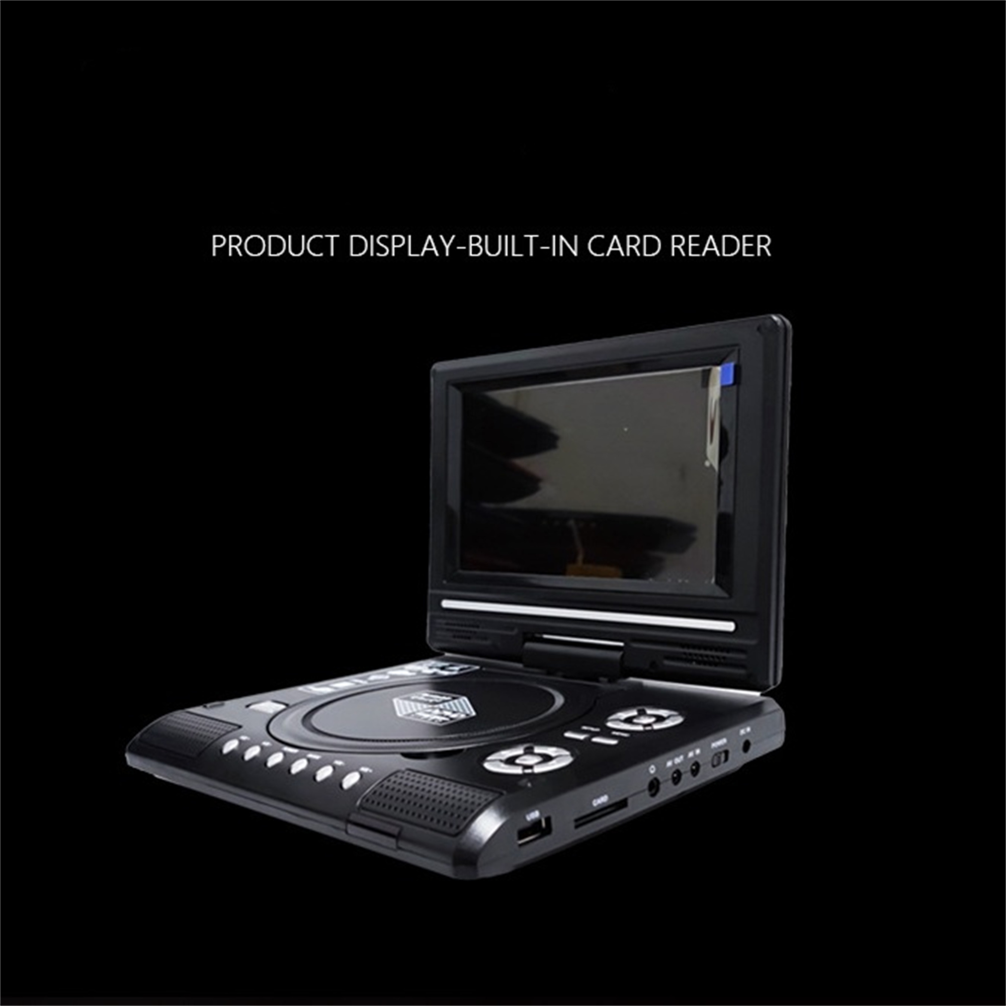 Ein schwarzer tragbarer DVD-Player mit Bildschirm und Knöpfen auf dunklem Hintergrund.