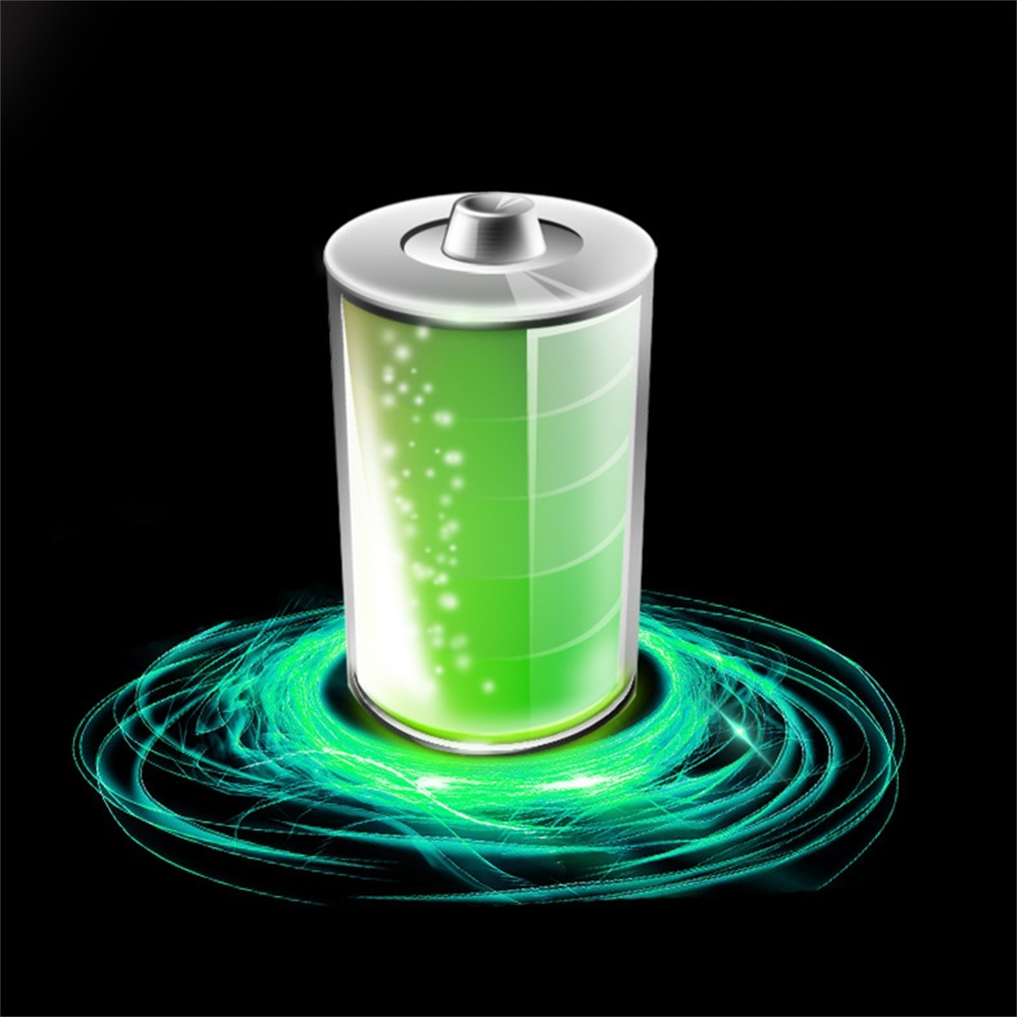 Ein grünes Batteriesymbol mit einer Vollladeanzeige, umgeben von leuchtenden grünen Energiespiralen auf Schwarz.
