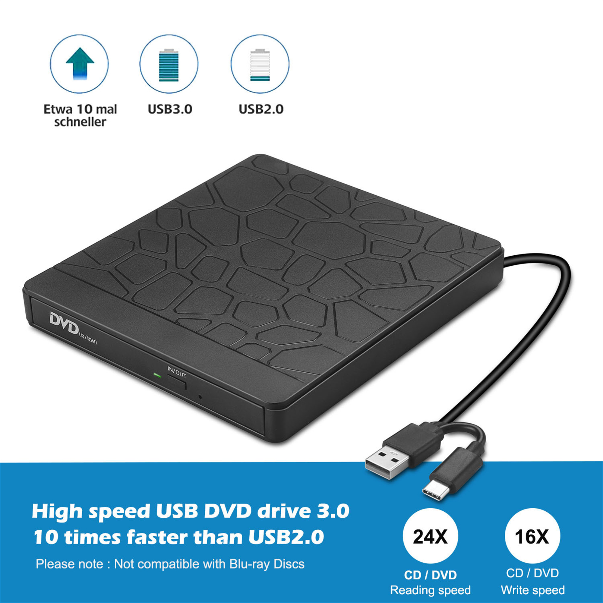 Ein schwarzes USB-DVD-Laufwerk mit USB 3.0- und USB 2.0-Etiketten. Text zeigt, dass es 10x schneller ist als USB 2.0.
