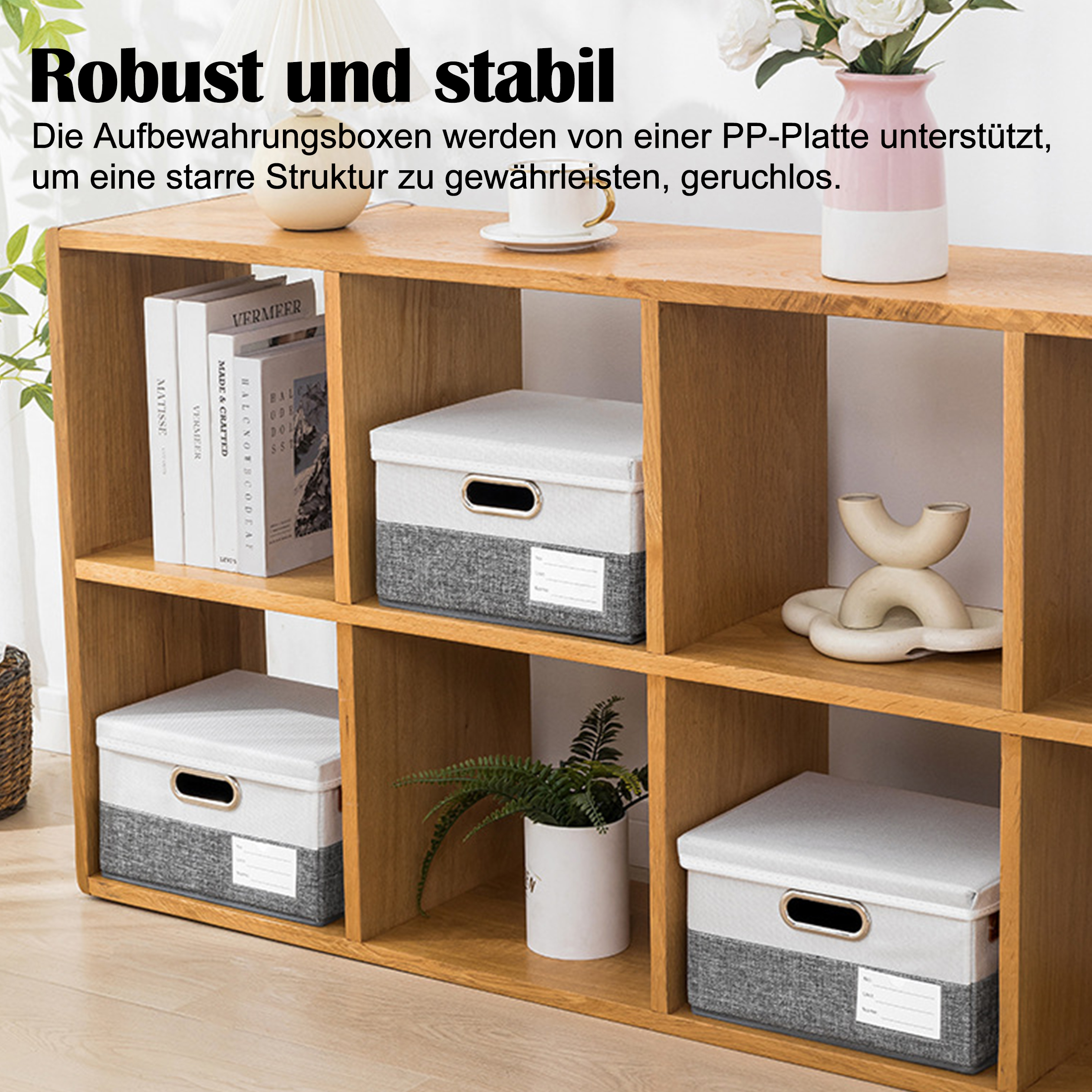 Holzschrank mit Boxen. Einige Boxen haben Deckel und Etiketten. Es gibt Bücher und Pflanzen.