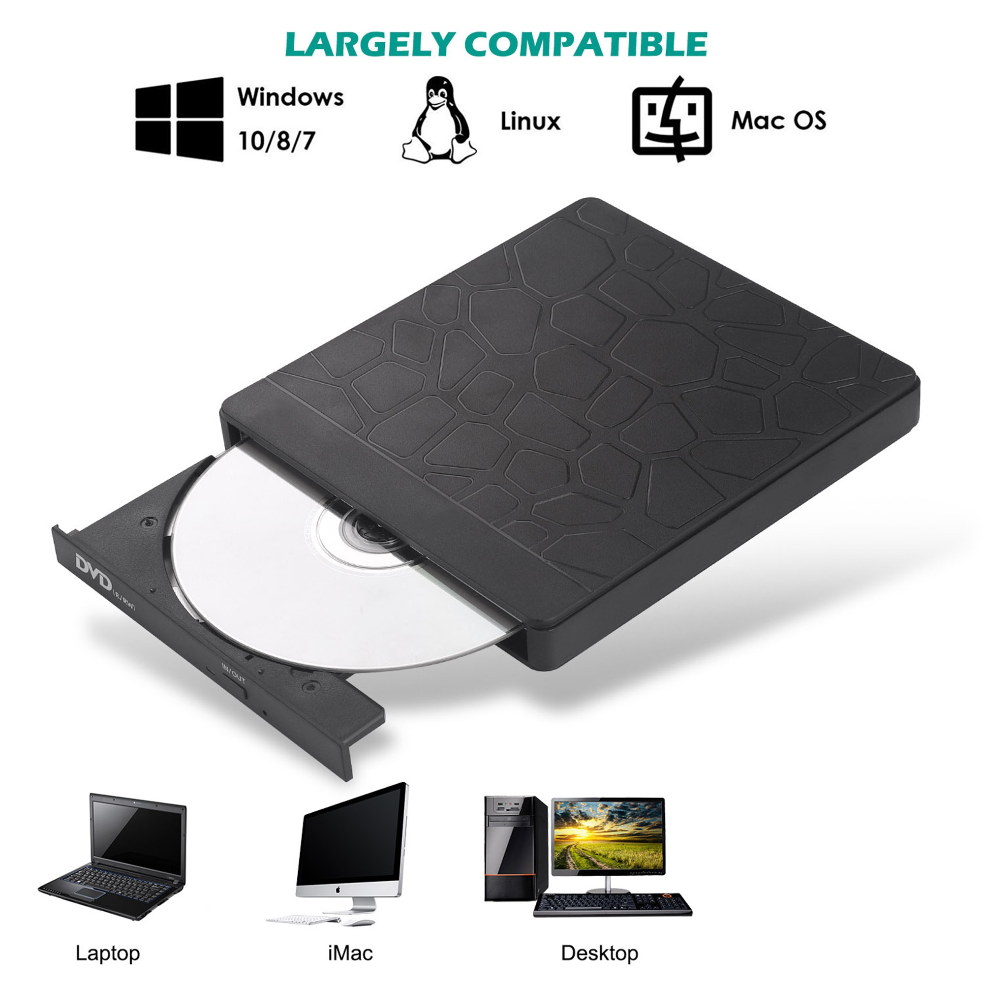 Schwarzes DVD-Laufwerk mit Disc im Tray, kompatibel mit Windows, Linux, Mac OS.