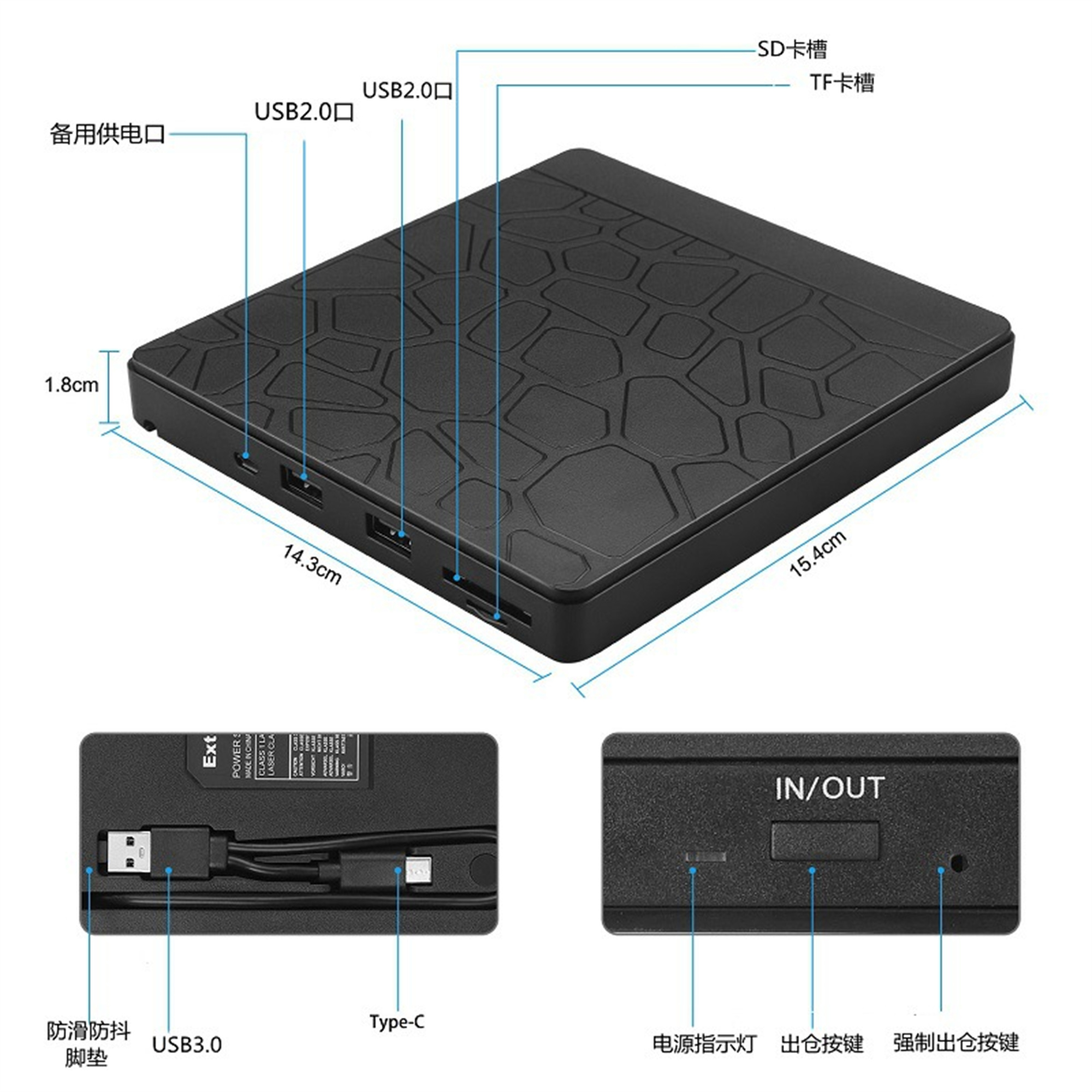 Schwarzes Gerät mit beschrifteten Anschlüssen und Maßen. Mit USB-, SD- und TF-Kartensteckplätzen.