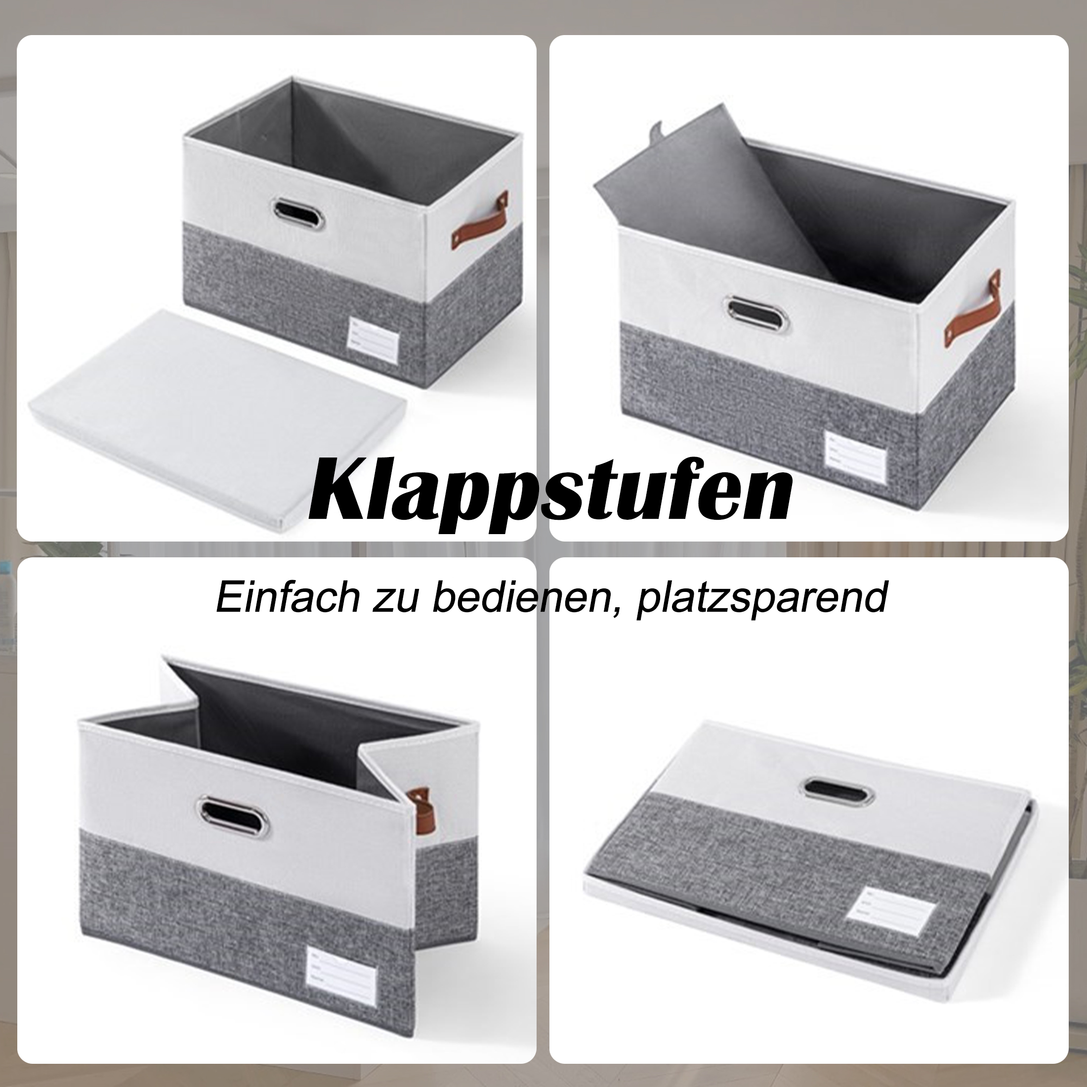 Collage von vier Aufbewahrungsboxen in verschiedenen Positionen, weiß und grau.