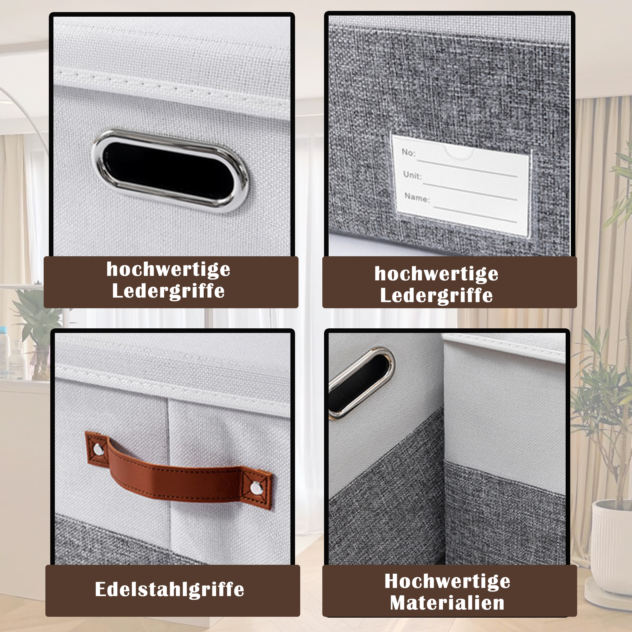 Nahaufnahmen von Aufbewahrungsboxen mit Etiketten und Griffen, mit Text zum Produkt.