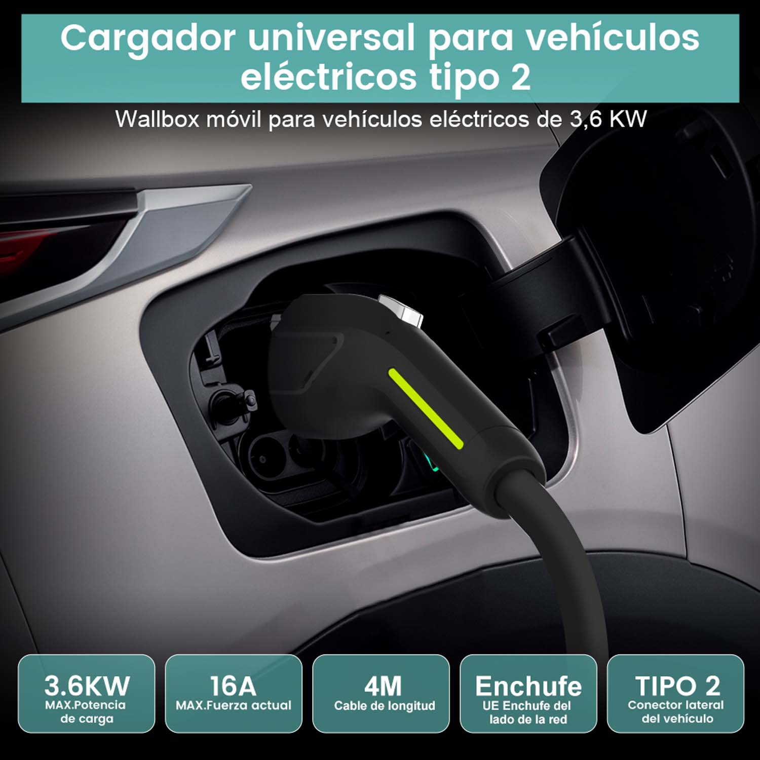 Eine Elektroauto-Ladebuchse mit Ladekabel und Informationsetiketten.