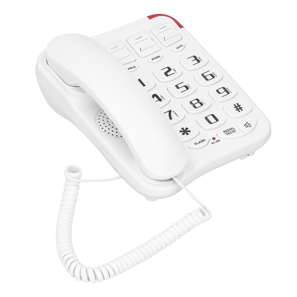 Weißes Festnetztelefon mit großen Tasten und Spiralkabel. Der Text ist auf Deutsch.