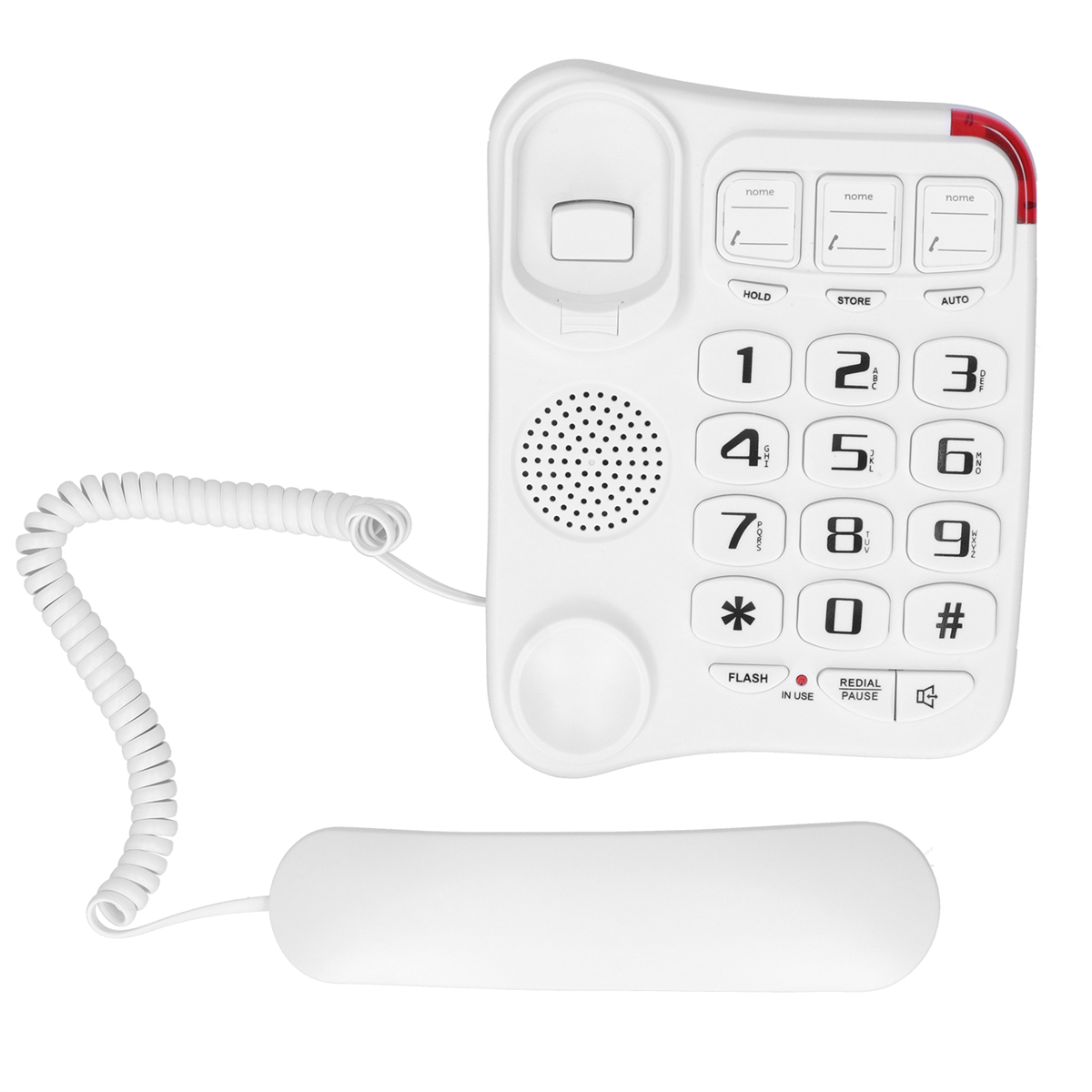 Weißes Telefon mit großen Tasten, Lautsprecher und roter Betriebsanzeige.