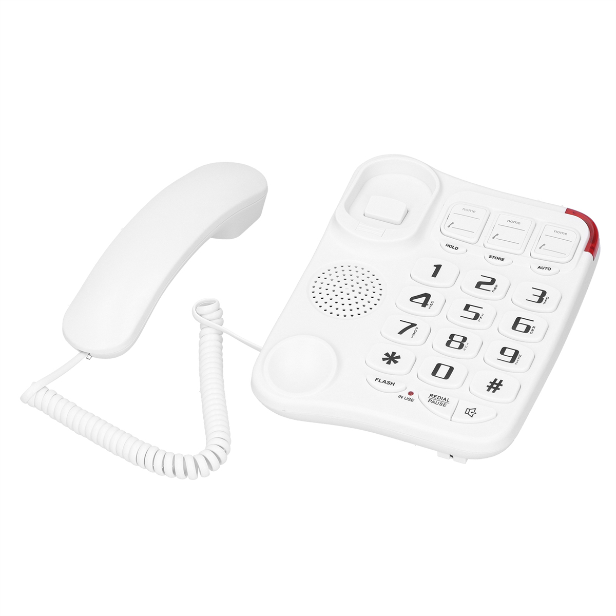 Ein weißes Festnetztelefon mit Hörer, Wähltasten mit Nummern und Funktionstasten.