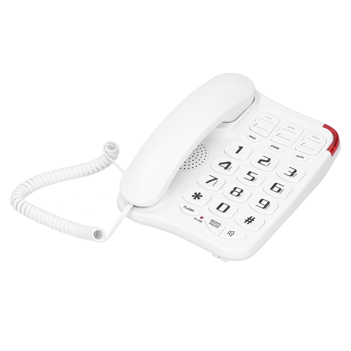 Weißes Telefon mit Tastatur, Hörer abgehoben. Kabel erstreckt sich zur Basis.