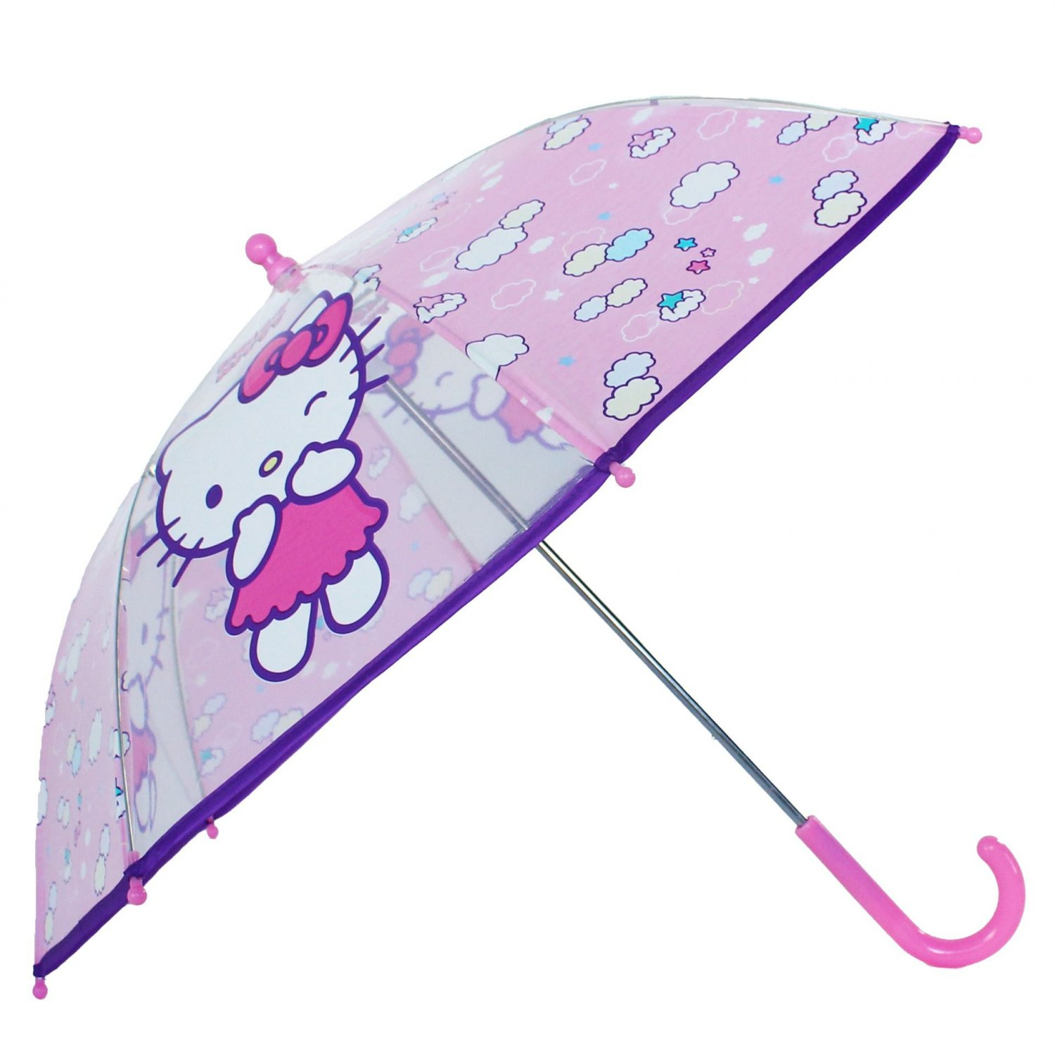 Ein rosa Hello Kitty-Regenschirm mit Cartoonbildern. Weißer Hintergrund.