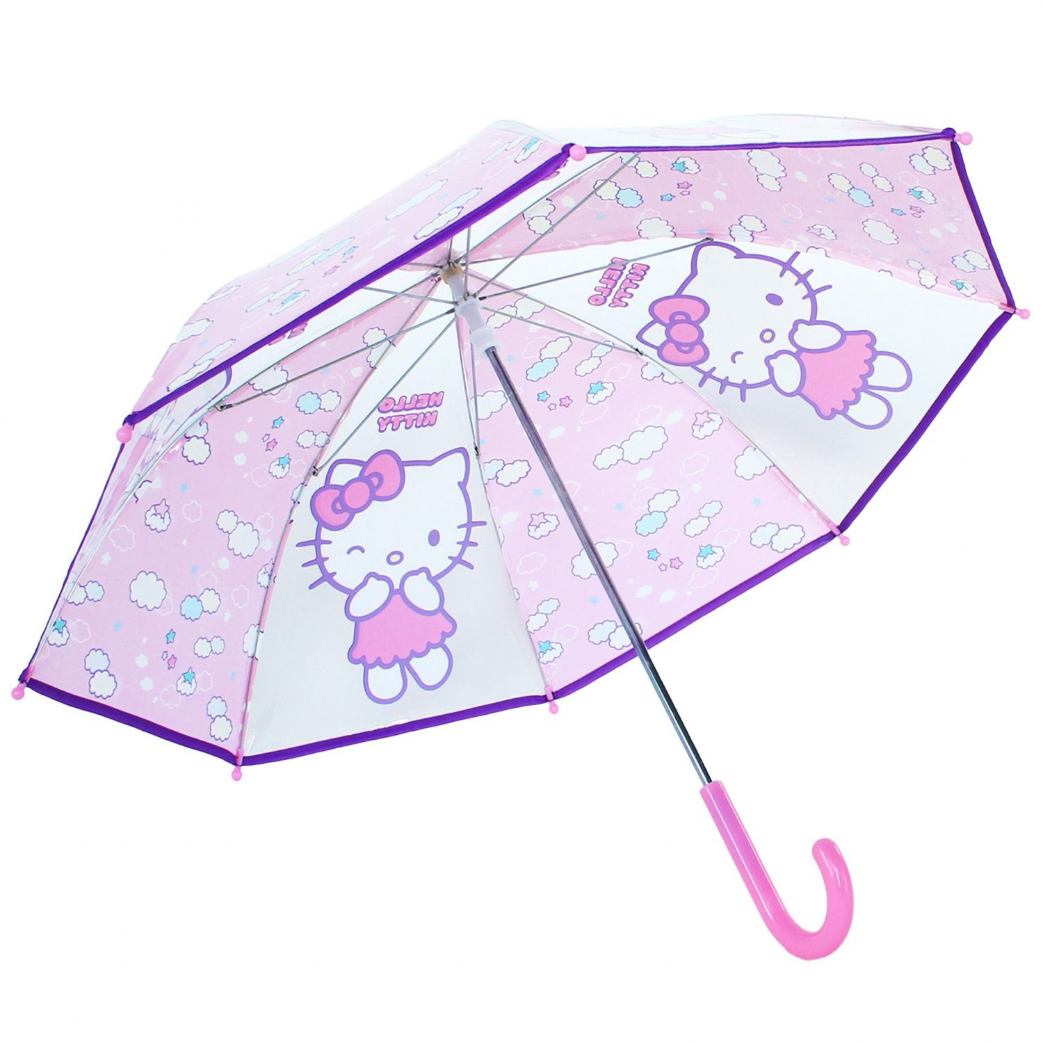 Pinker Hello Kitty-Regenschirm, geöffnet, mit weißen und rosa Mustern, auf weißem Hintergrund.