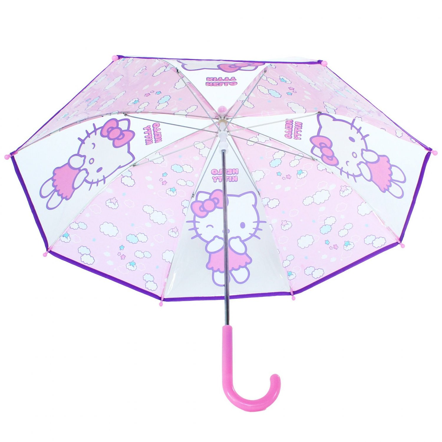 Rosa Hello Kitty Regenschirm mit Cartoon-Bildern. Weiße Wolken und rosa Griff.