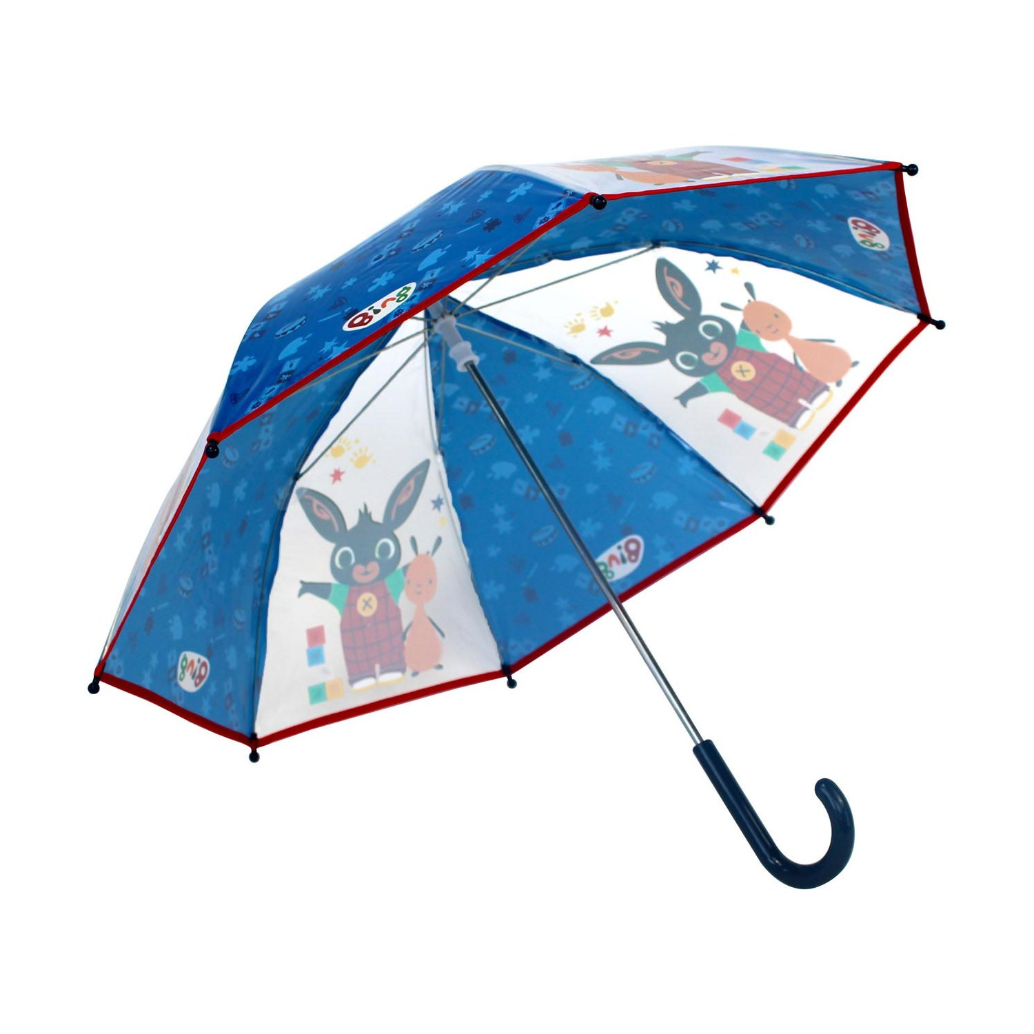 Ein offener Bing-Regenschirm für Kinder, mit Bing-Cartoonfiguren bedruckt.